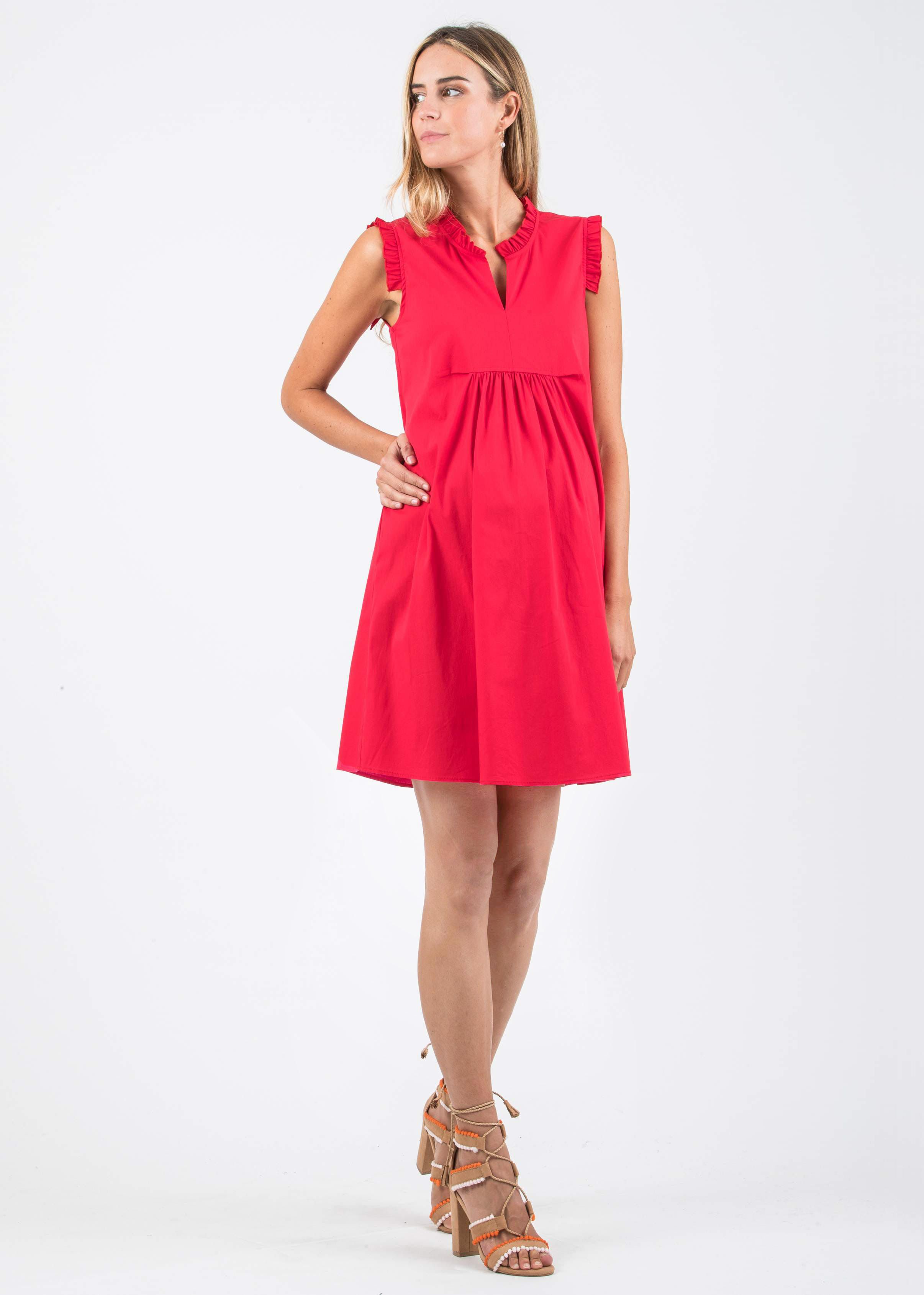Maternity Dress in Cotton Poplin with Frill Trims (Red, XS)