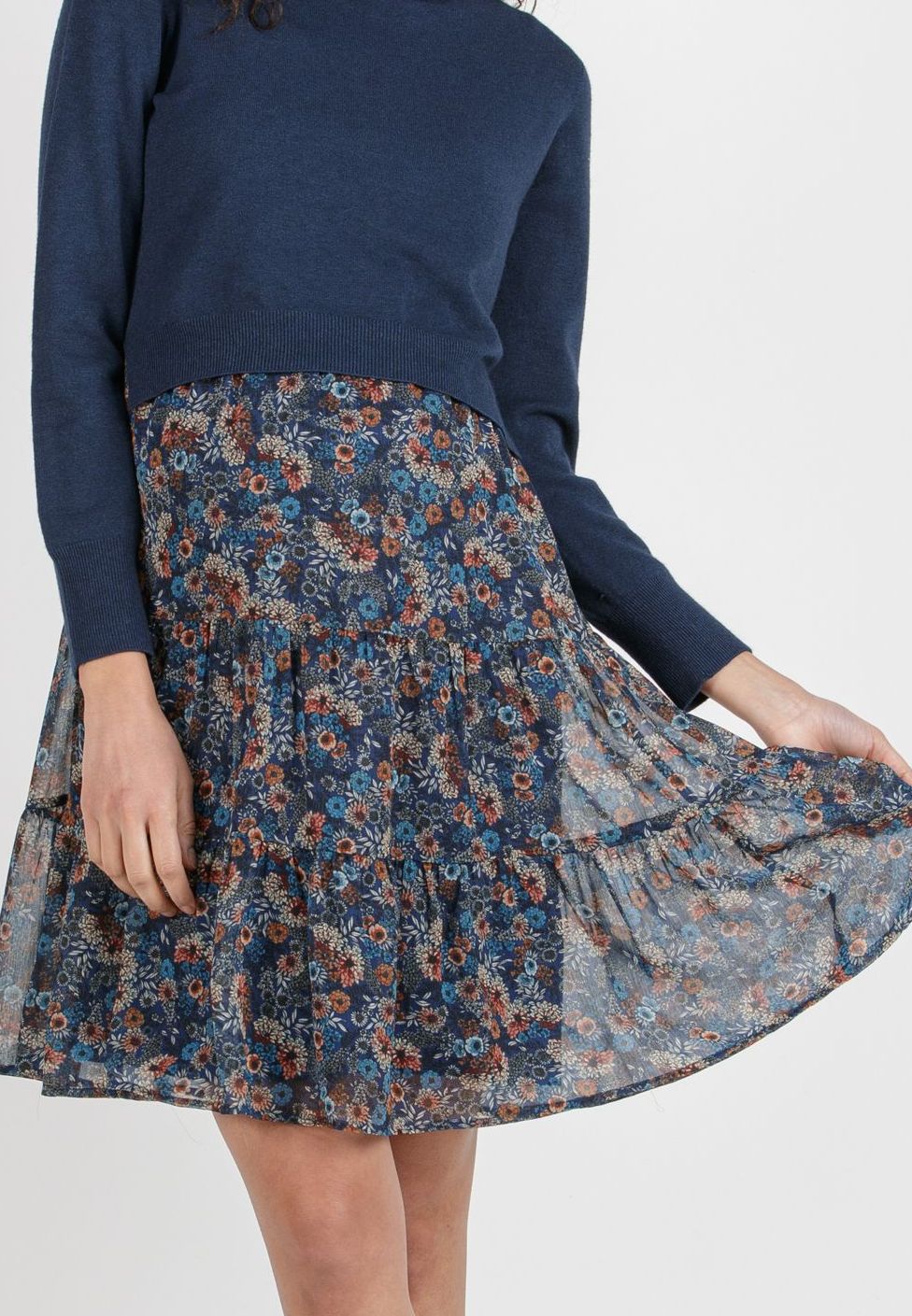 KELLY B - Floral Printed Maternity & Nursing Dress with Coordinated Boat Neck Sweater (Blu)