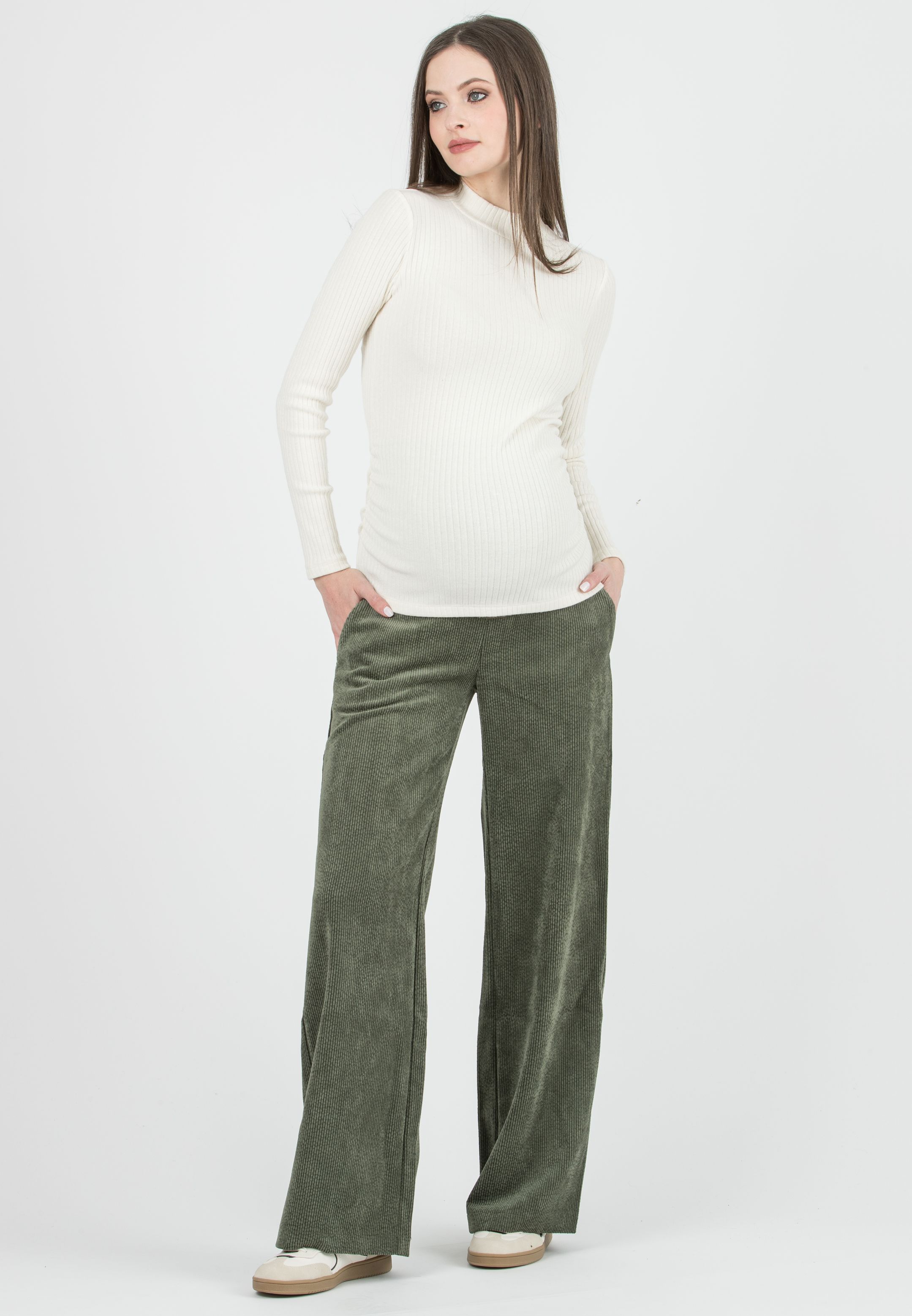 WINONA - Pantalone Premaman Palazzo in Velluto a Coste (Verde Kaki)