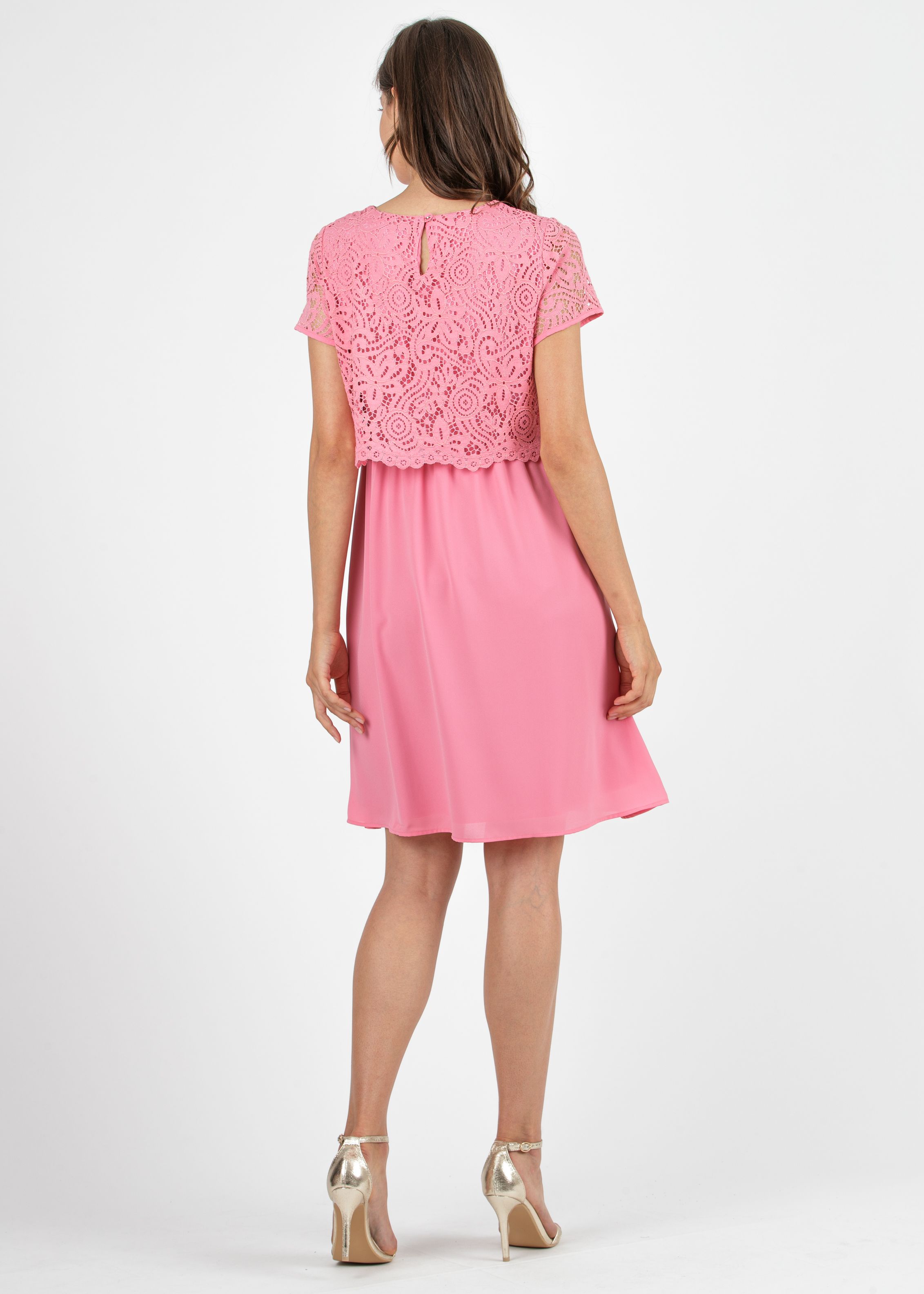 AURORA - Embroidered Maternity & Nursing Dress in Lace (Pink, XS)