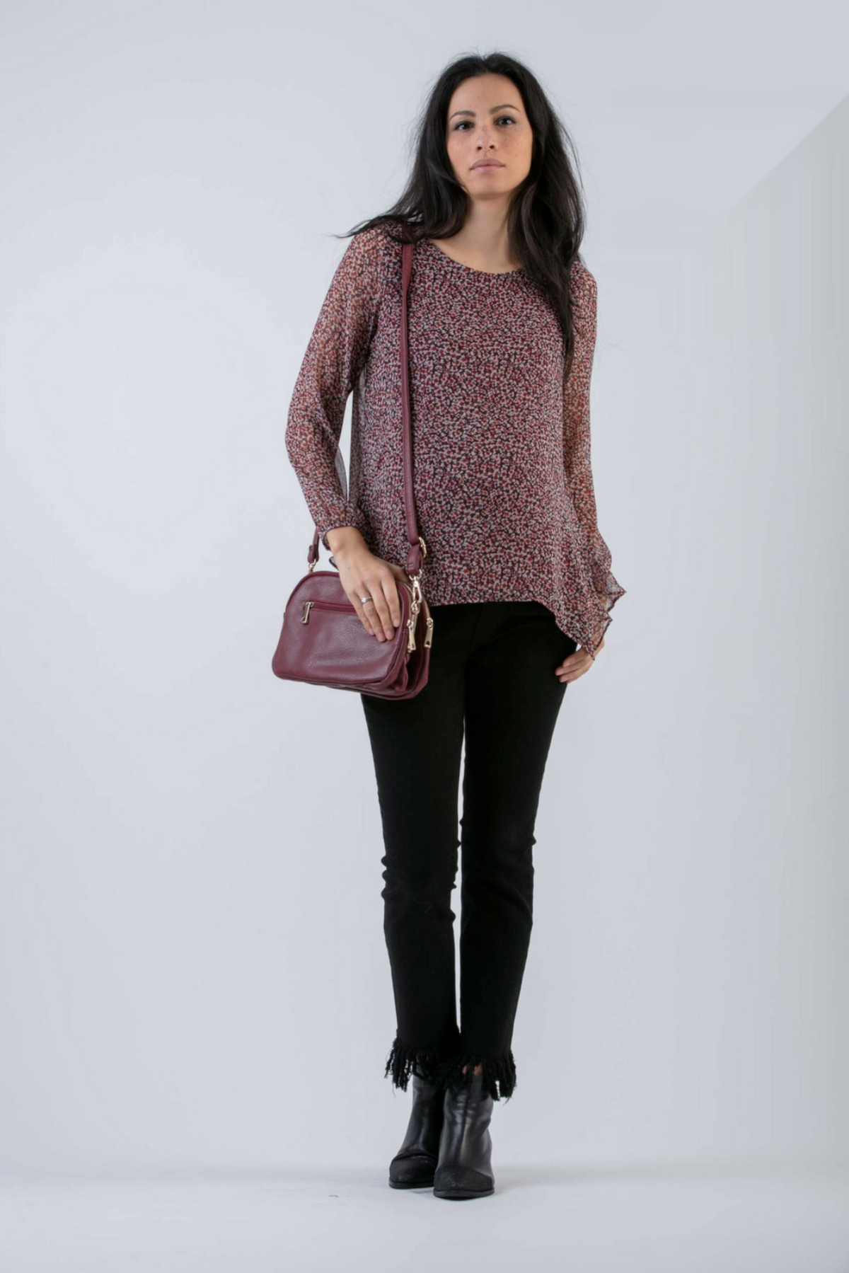 Printed Chiffon Maternity & Nursing Top (Bordeaux, XS)