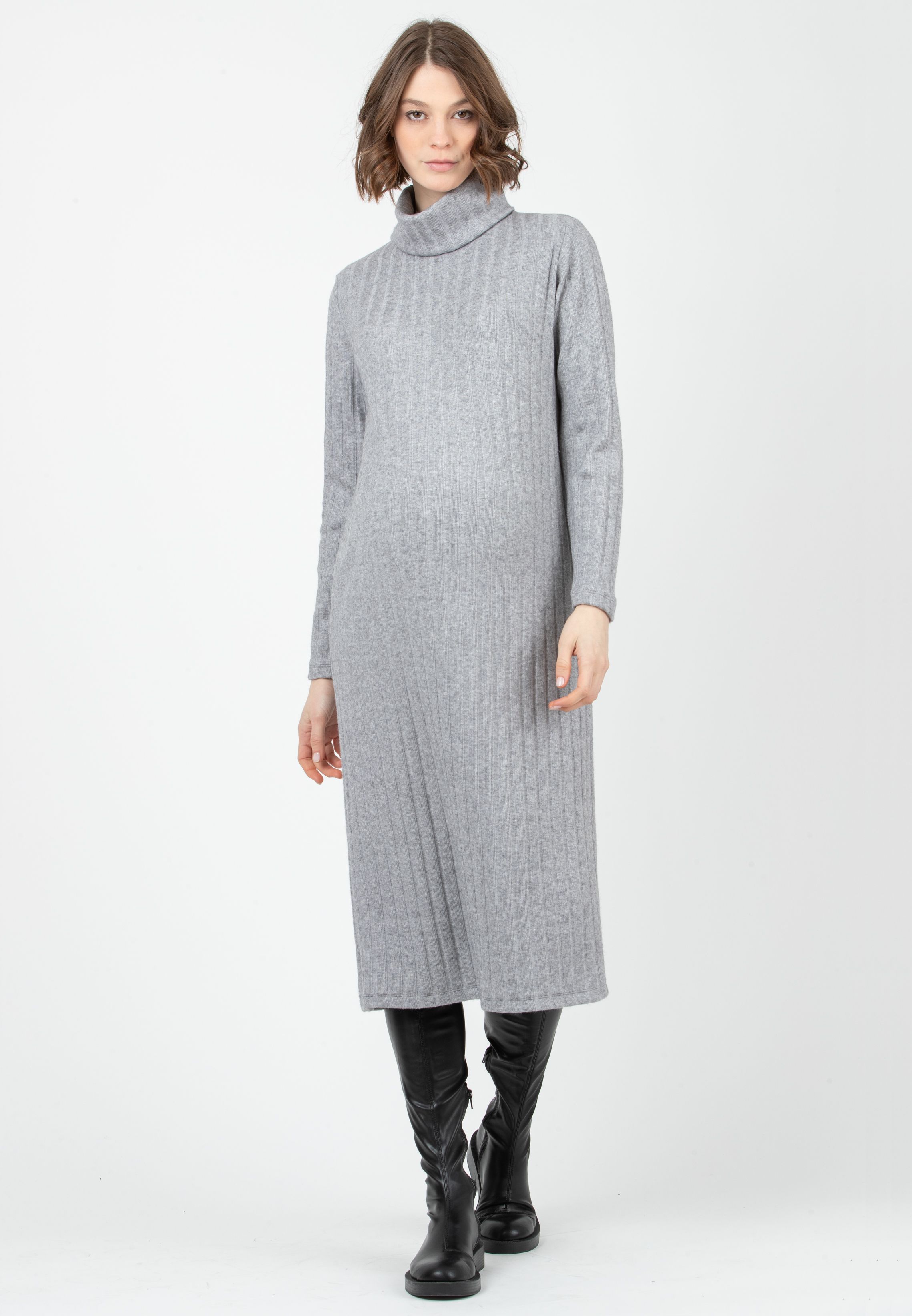 SHEILA MIDI - Abito Midi Premaman in Maglia a Coste Larghe (Grigio Melange)
