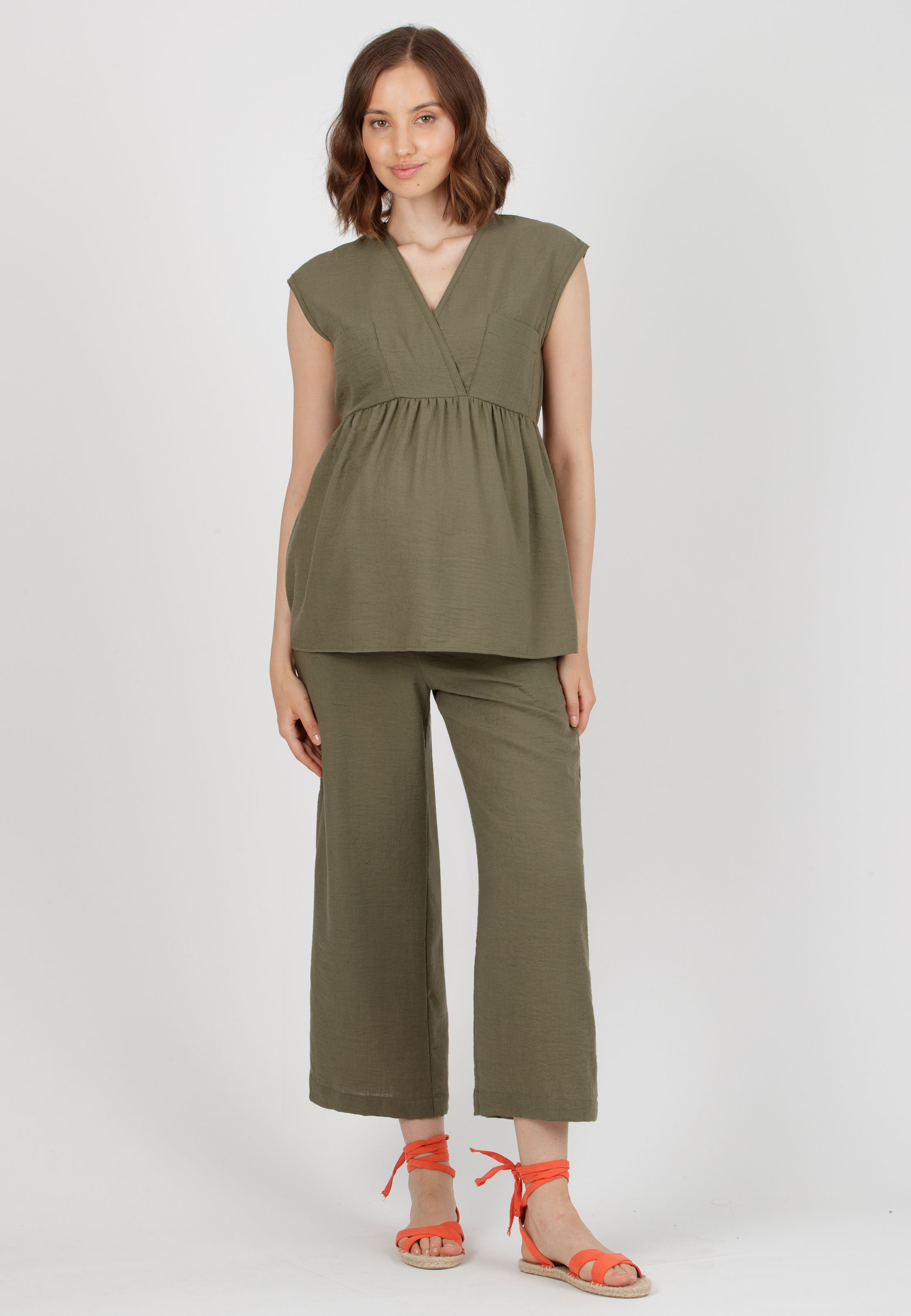 GUENDALINA - Pantalone Premaman con Elastici (Verde Militare, XS)