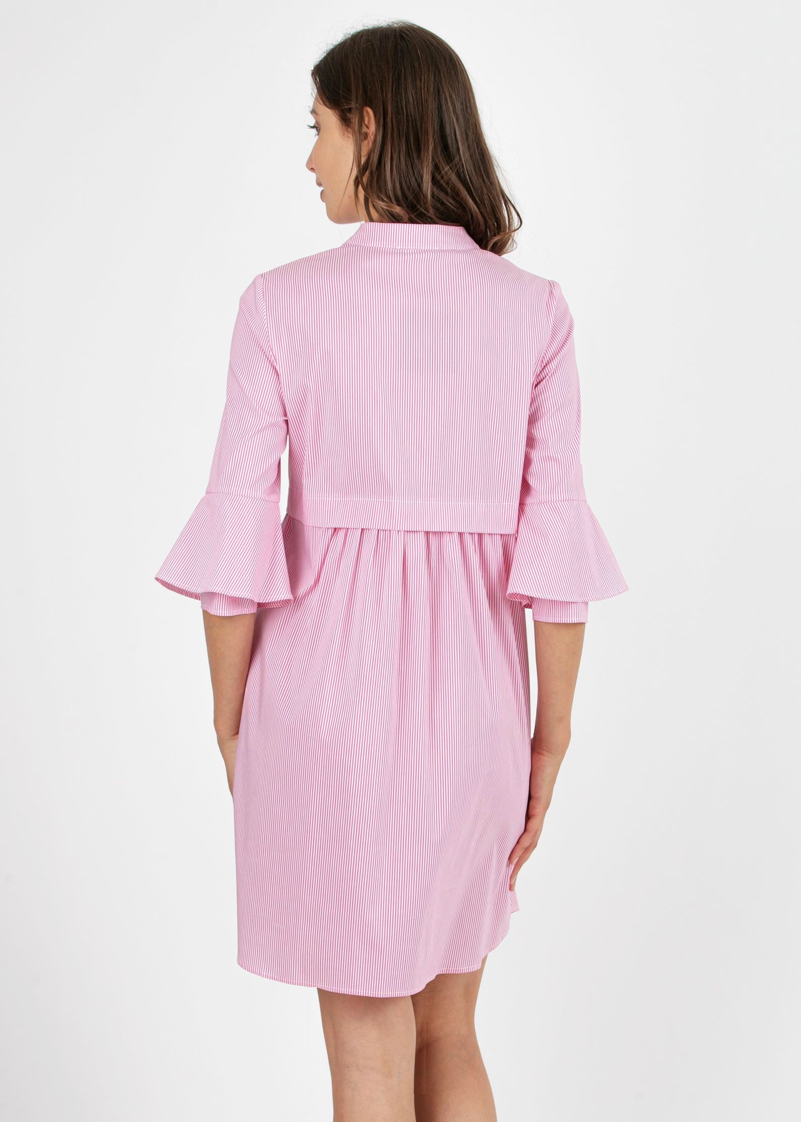 HEIDI R - Striped Maternity & Nursing Dress in Poplin with ¾ Bell Sleeve (Fuchsia, XS)