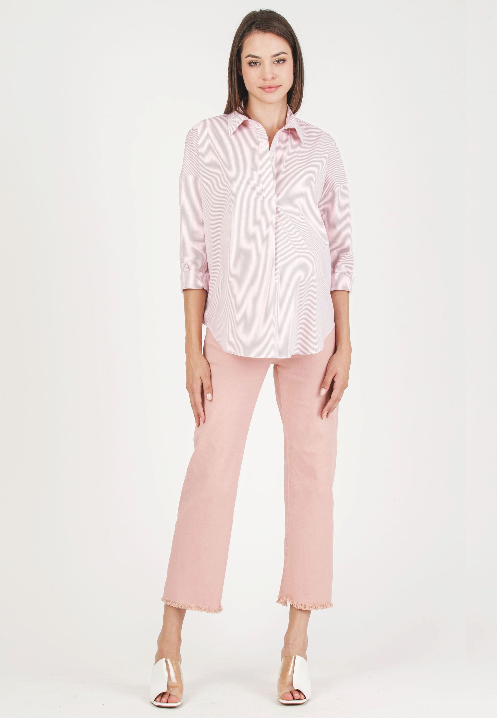 OLIVIA R - Striped Oversized Maternity Shirt in Stretch Cotton Poplin (Pink, XS)