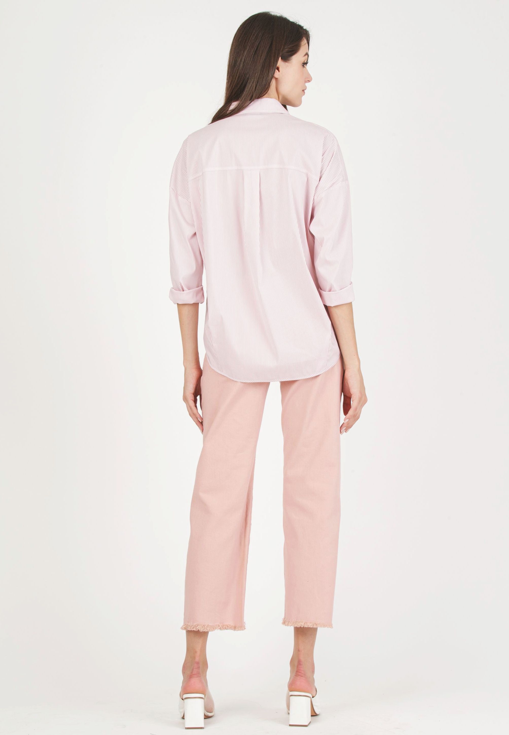 OLIVIA R - Striped Oversized Maternity Shirt in Stretch Cotton Poplin (Pink, XS)