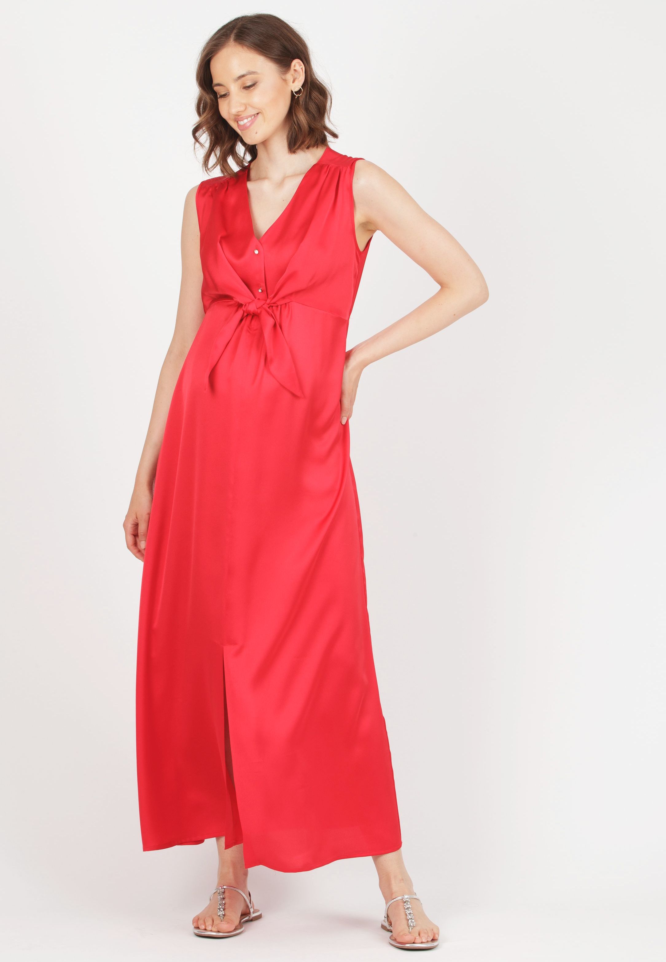 BELEN MAXI - Satin Maternity & Nursing Maxi Dress (Red, XS)