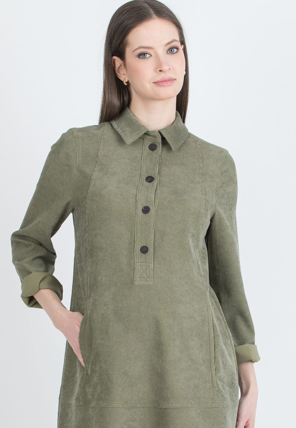 GRETA – Abito Camicia Premaman & Allattamento in Velluto (Verde Militare, XS)