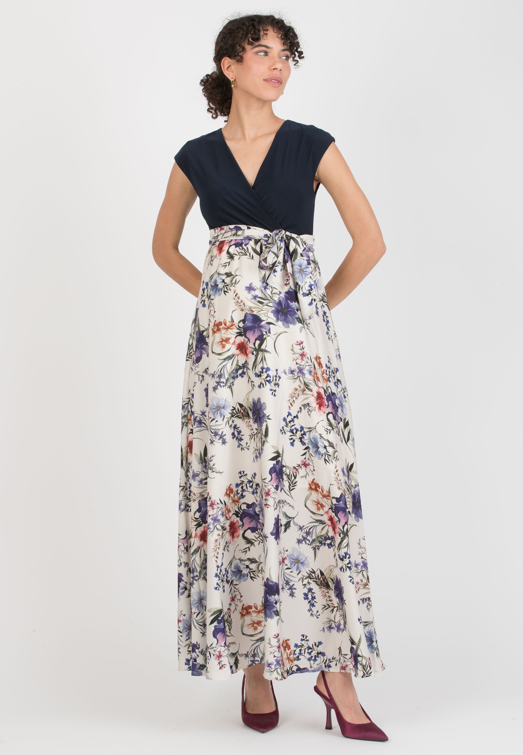 LUCREZIA F - Abito Premaman & Allattamento con Gonna in Raso Stampato (Avorio)