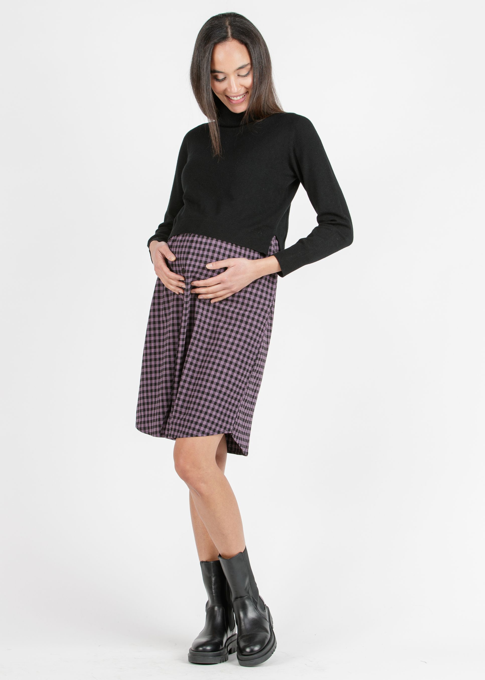Maternity & Nursing Dress with Check Print and Matching Sweater (Glicine, XS)