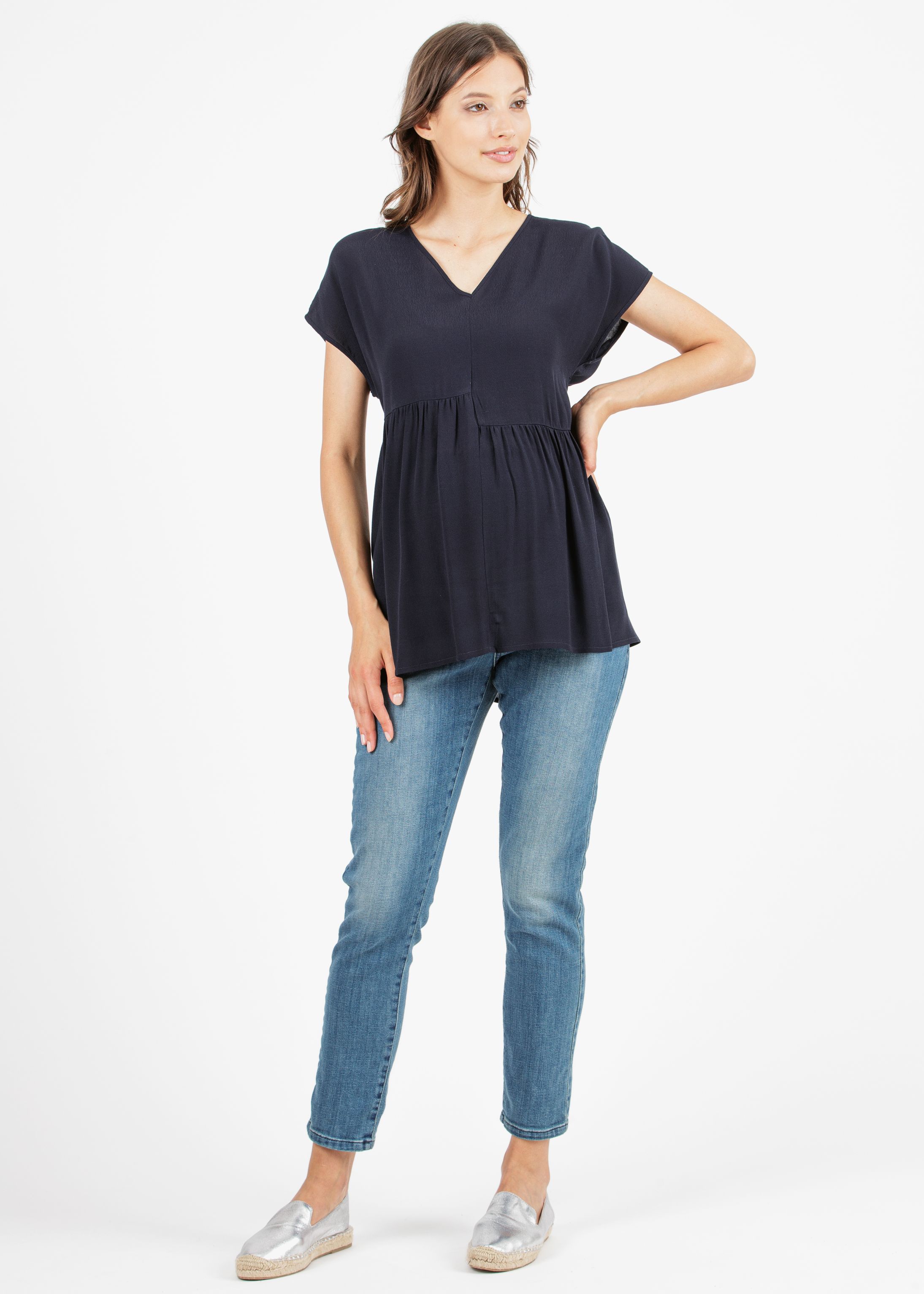 Camicetta Premaman in Cadì di Viscosa con Arricciature Asimmetriche (Blu, XS)