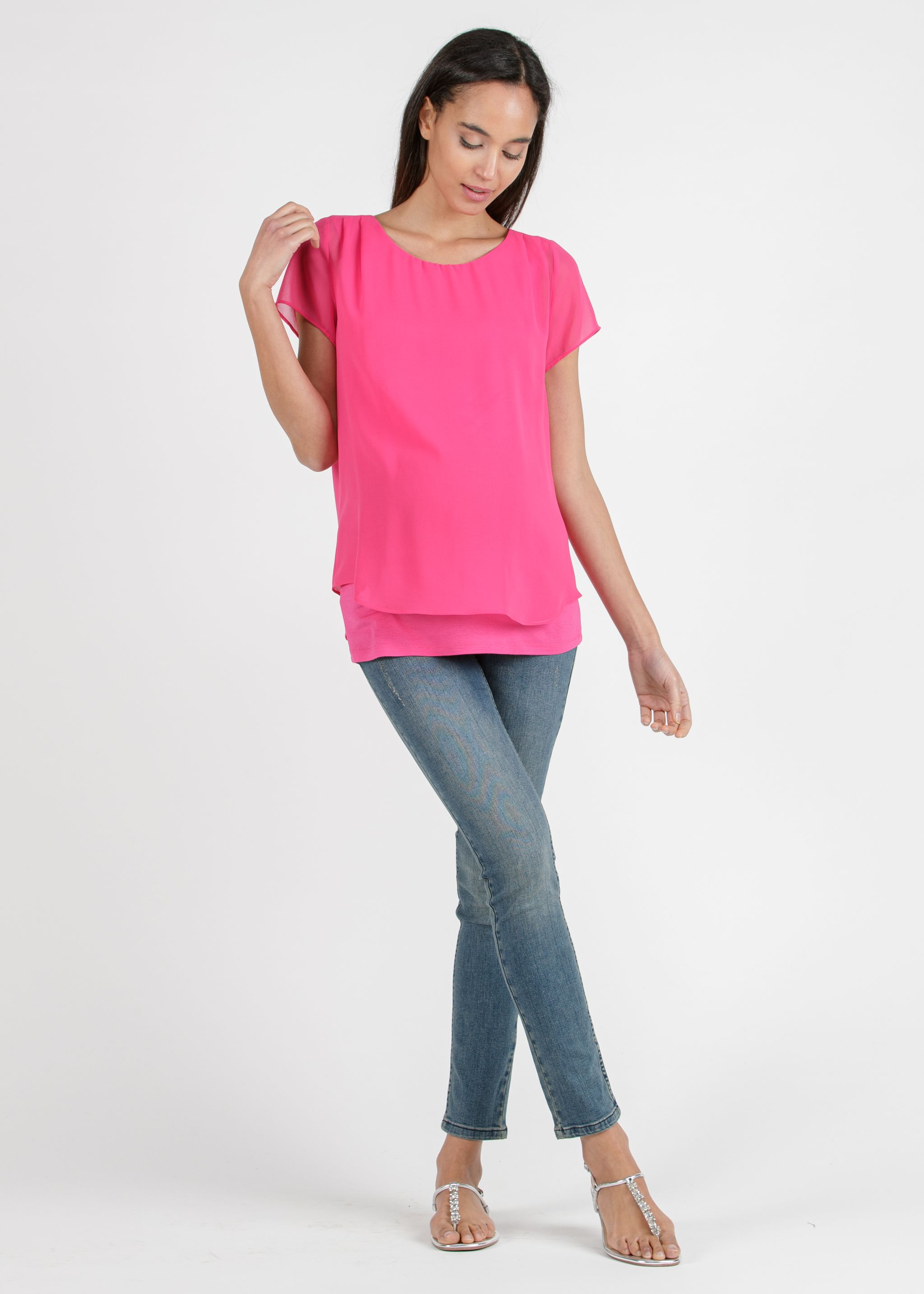 LAURA - Maglietta Premaman a Doppio Strato di Chiffon e Jersey (Fuxia, XS)