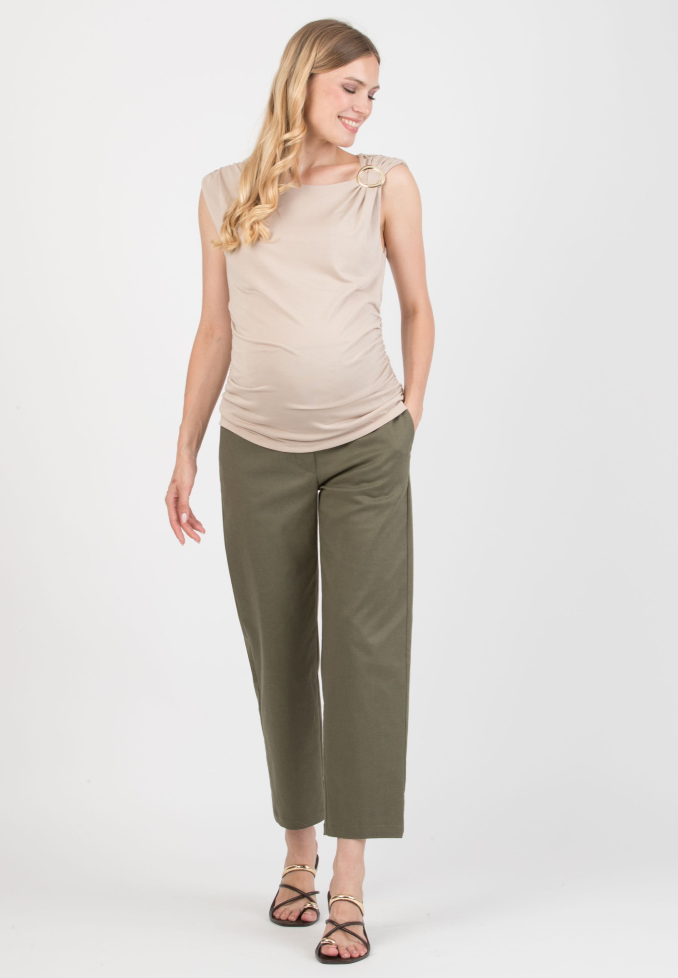 JASMINE - Maternity Top in Modal with Ring Detail and Side Ruching (Beige)