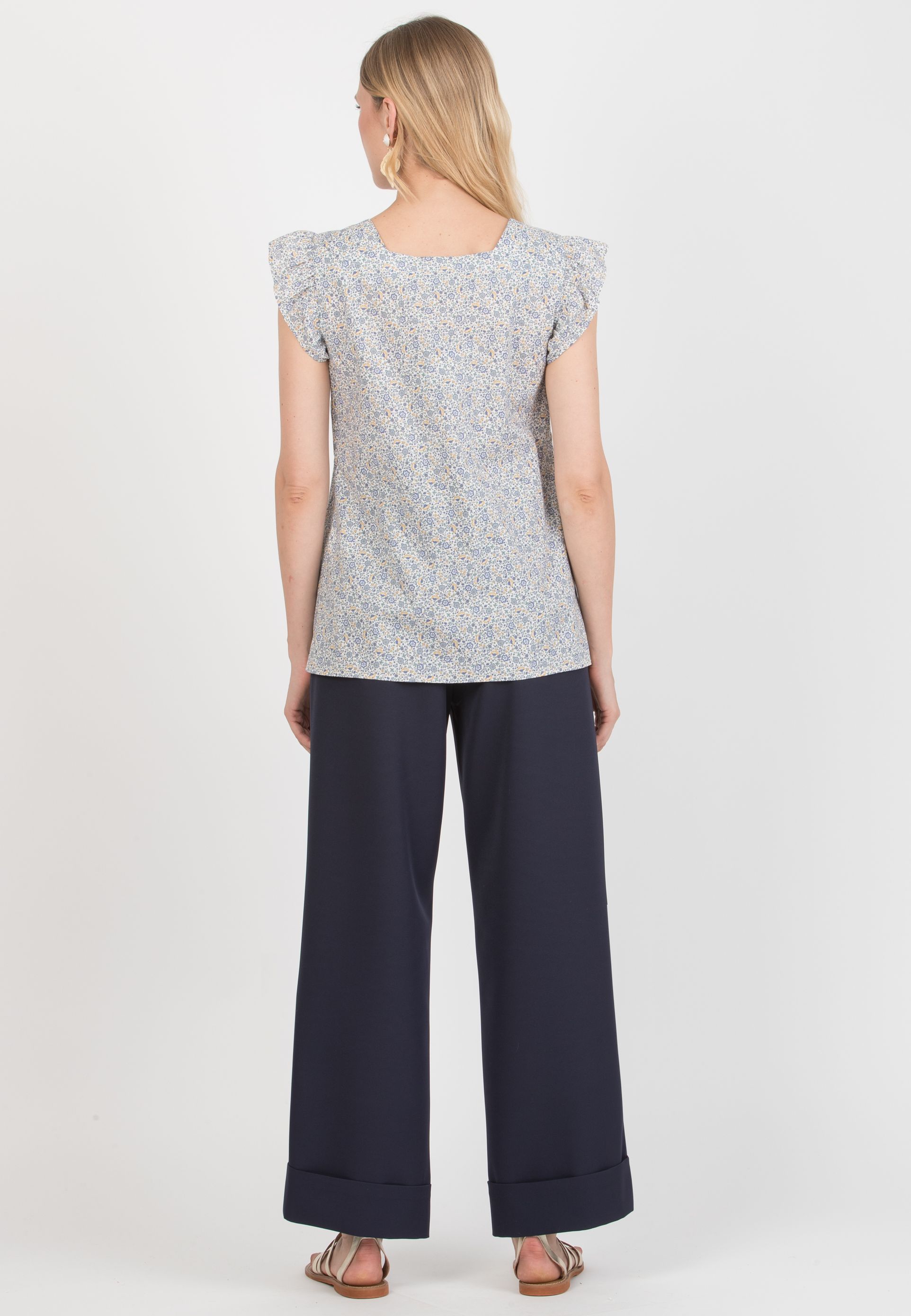 ROBY – Maternity Palazzo Trousers in Cady with Turn-Up Hem (Blu)