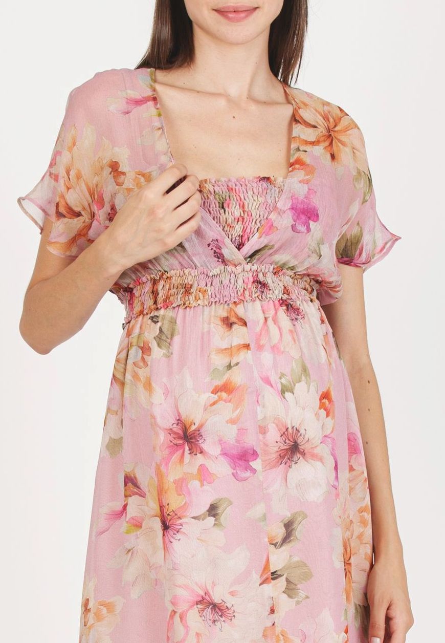 HOLLY - Maternity & Nursing Dress with Crossed Neckline and Asymmetric Hem (Pink, XS)