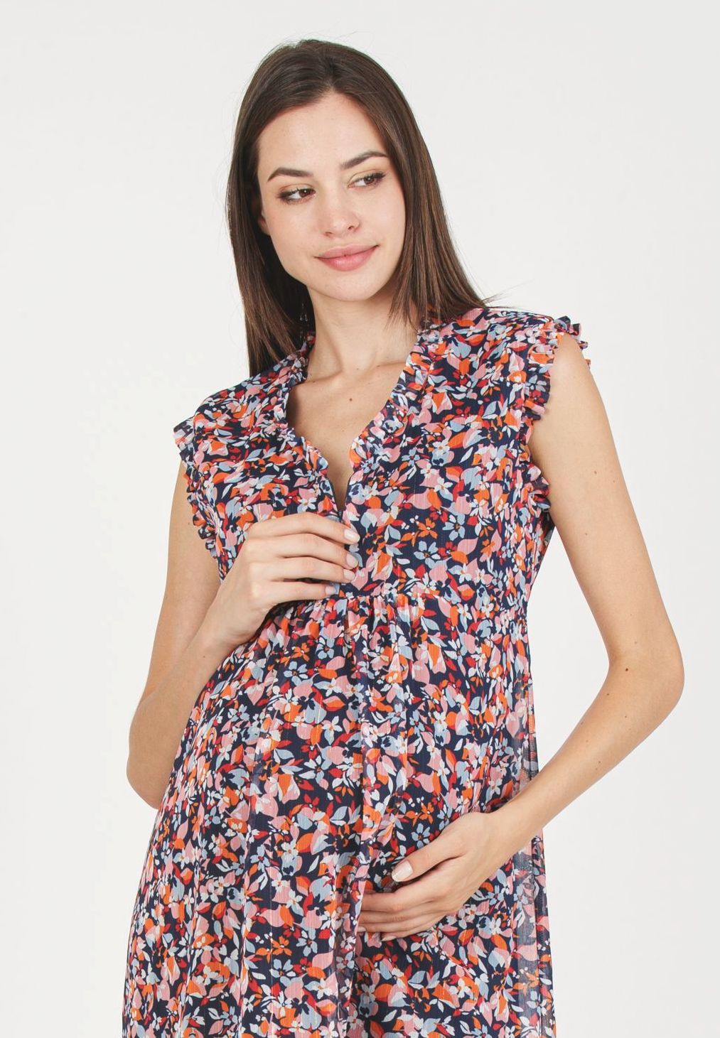 DIANA F - Abito Premaman & Allattamento con Ruches in Chiffon Stampato con Fili di Lurex (Blu, XS)