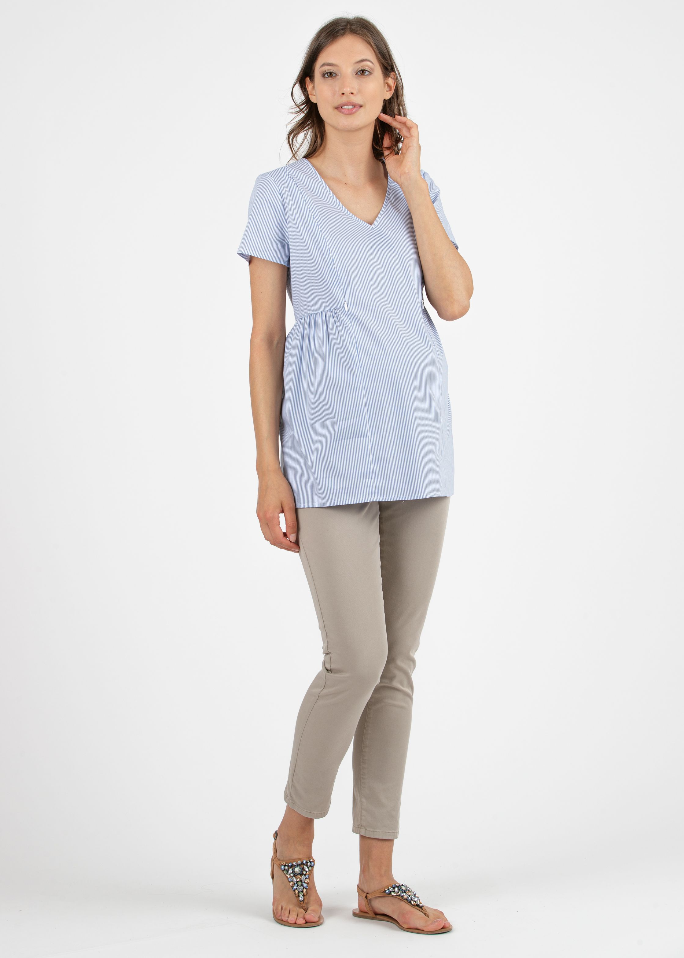 Camicetta Premaman & Allattamento in Popeline di Cotone a Righe (Azzurro, M)