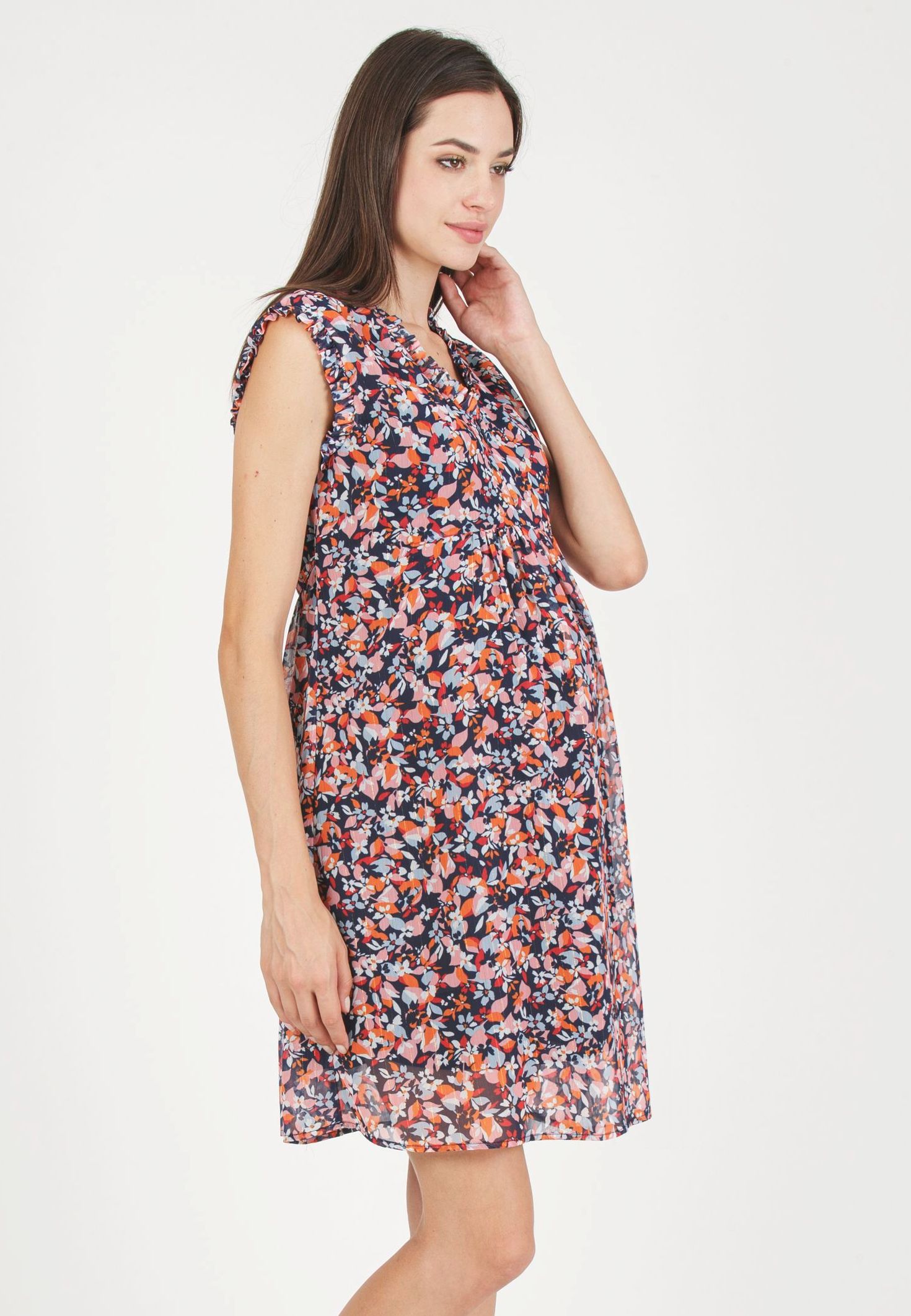 DIANA F - Abito Premaman & Allattamento con Ruches in Chiffon Stampato con Fili di Lurex (Blu, XS)
