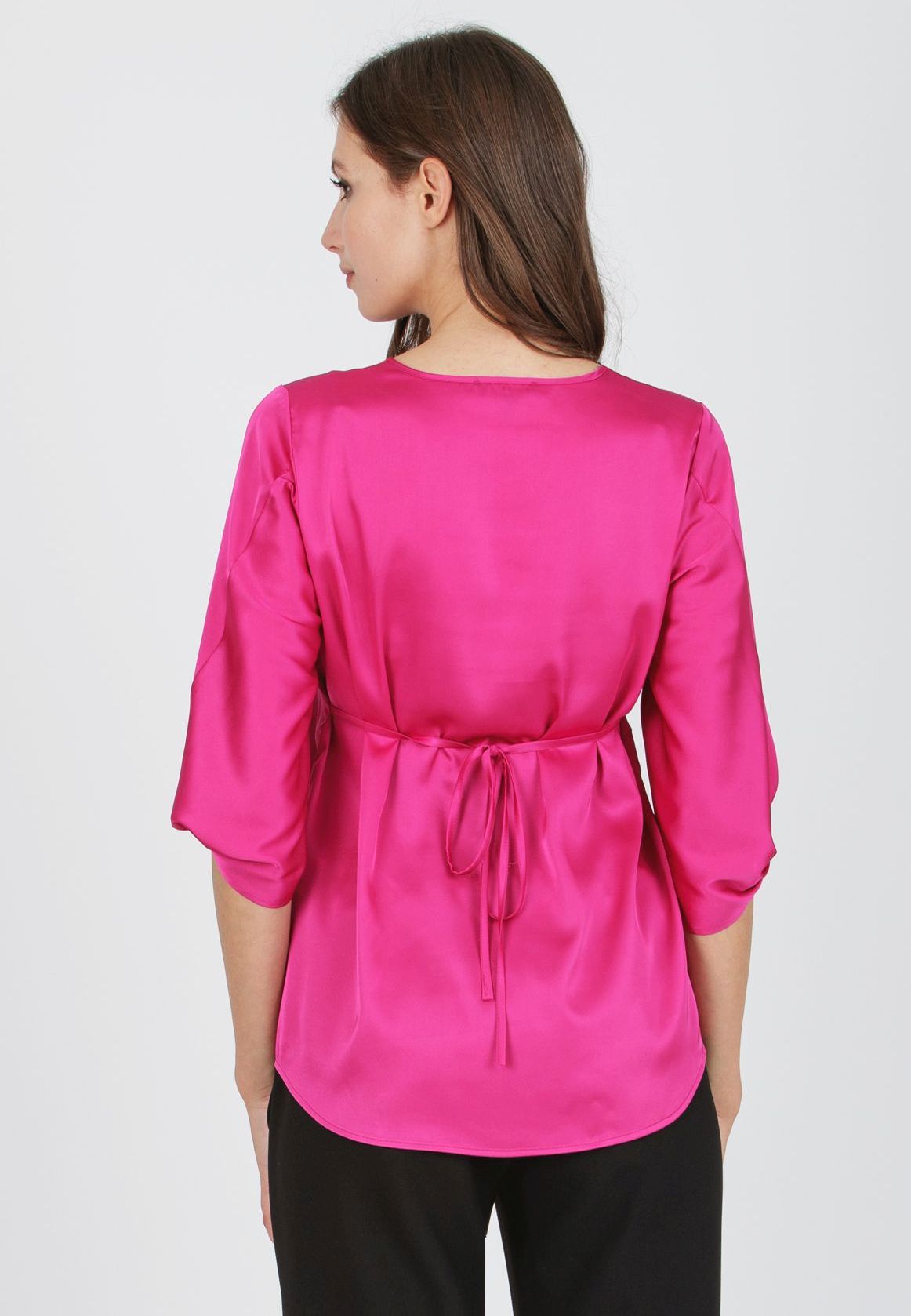 SYDNEY - Blusa Premaman in Raso con Nodo sul Fondo della Manica (Fuxia, XS)