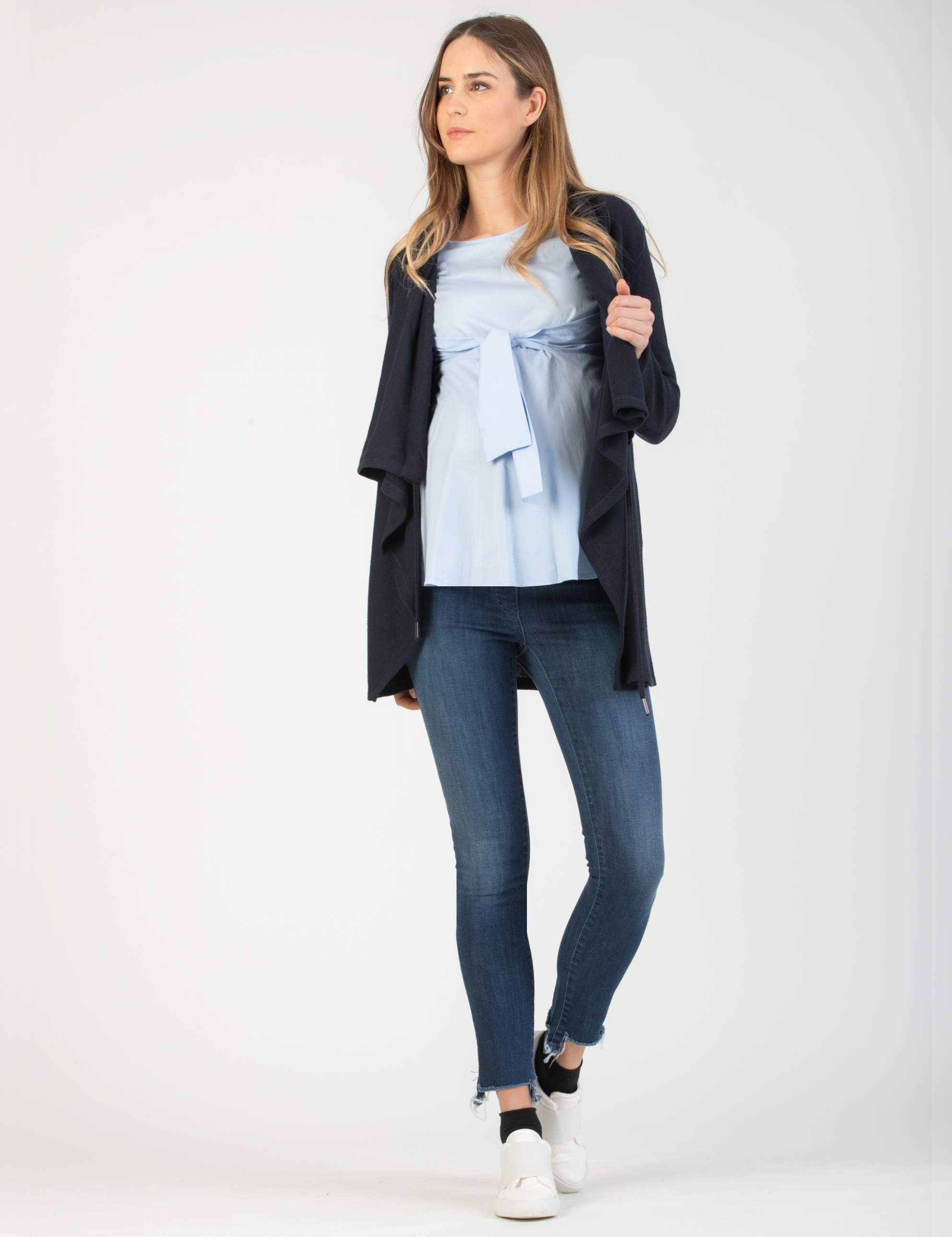 Cowl Neckline Maternity Maxi-Cardigan in Cashmere Blend (Blue, XS)