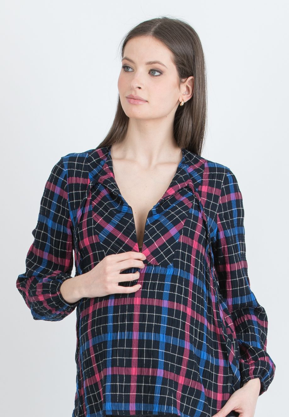 DAISY Q – Maternity & Nursing Checked Blouse in Crinkled Viscose (Blu)