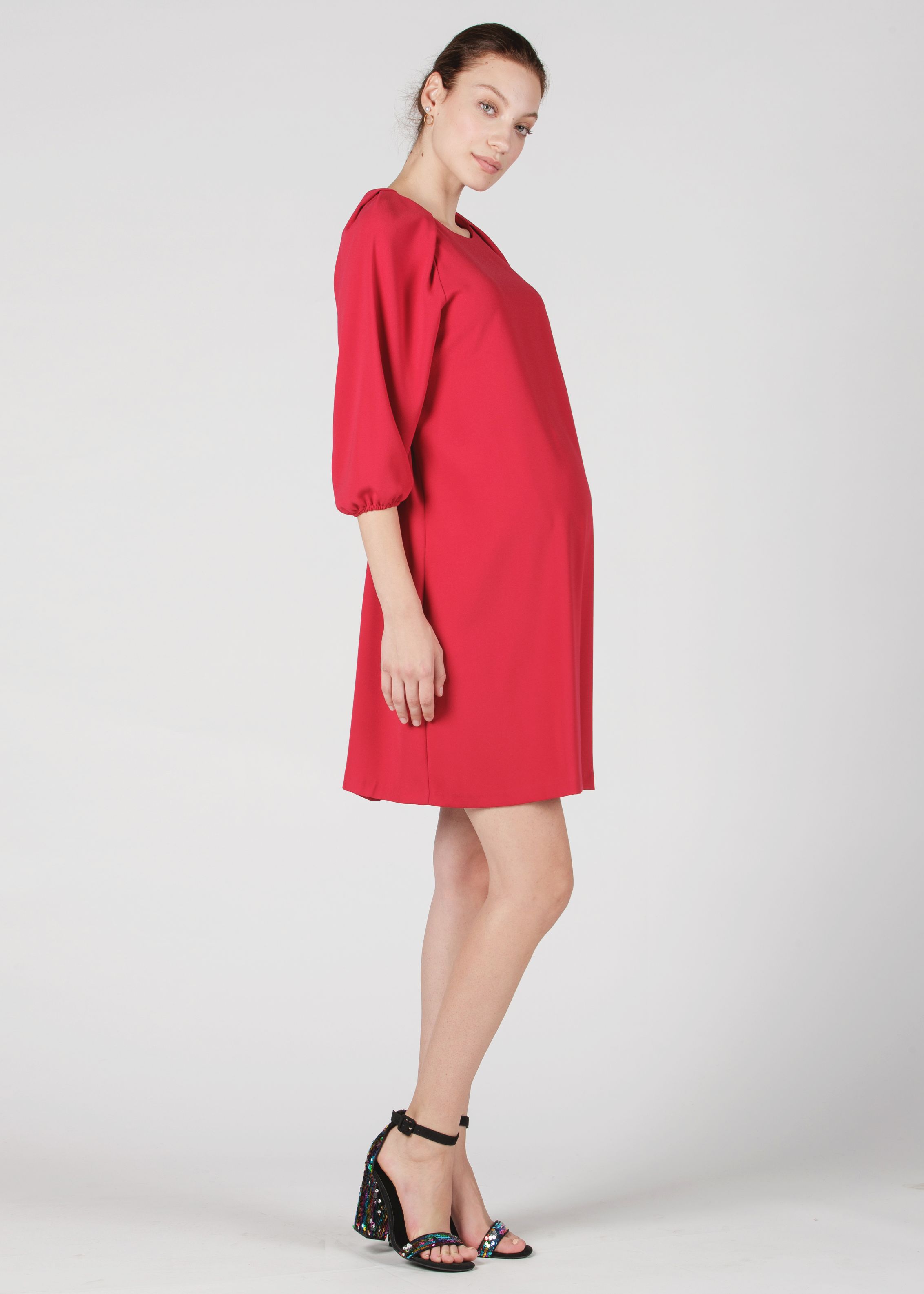 Maternity Dress in Cady Crepe with Raglan Balloon Sleeve (Red, XS)