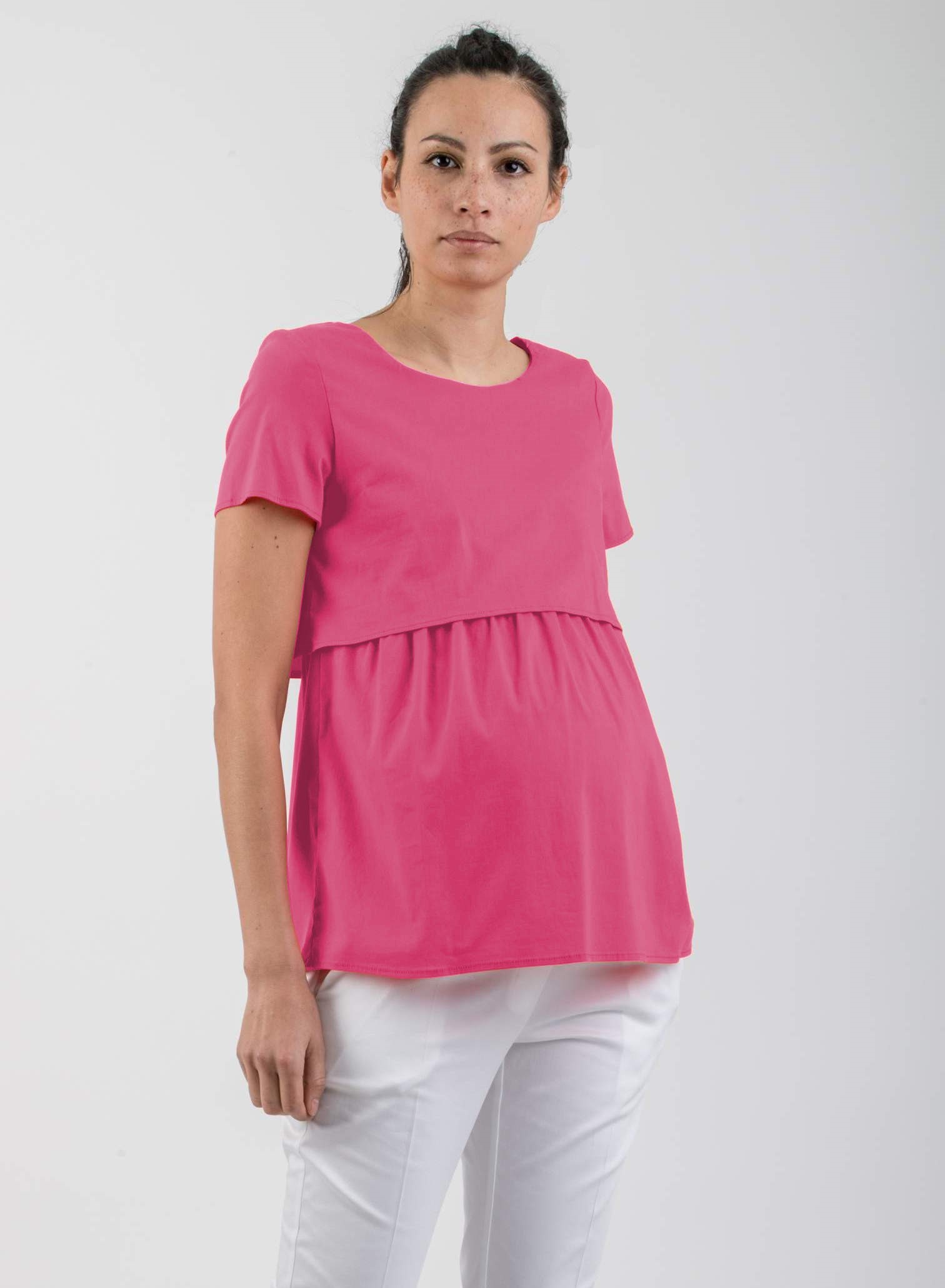 CLAUDIA - Camicetta Premaman & Allattamento a Doppio Strato in Bengalina di Cotone (Fuxia, XS)
