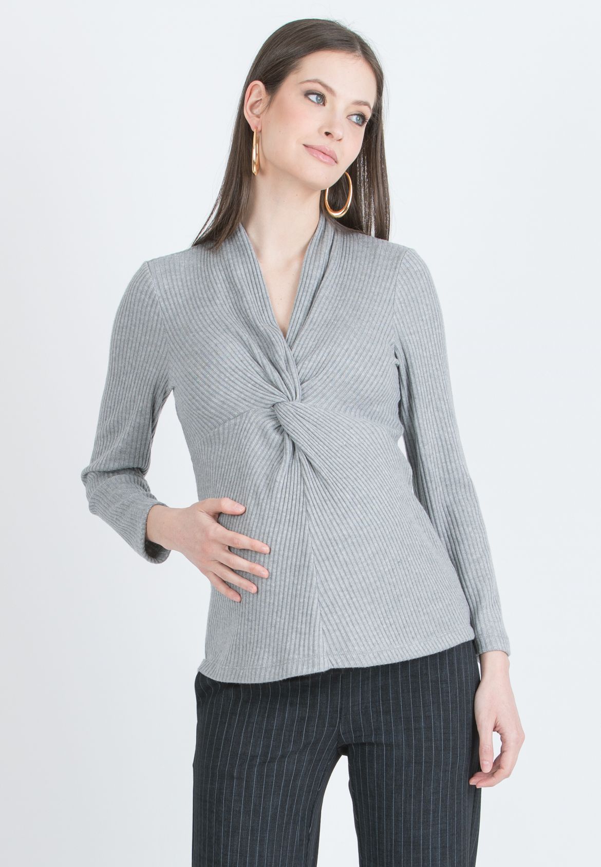 ISSA M – Maternity & Nursing Ribbed Knit Top with Knot Detail (Grigio Chiaro)