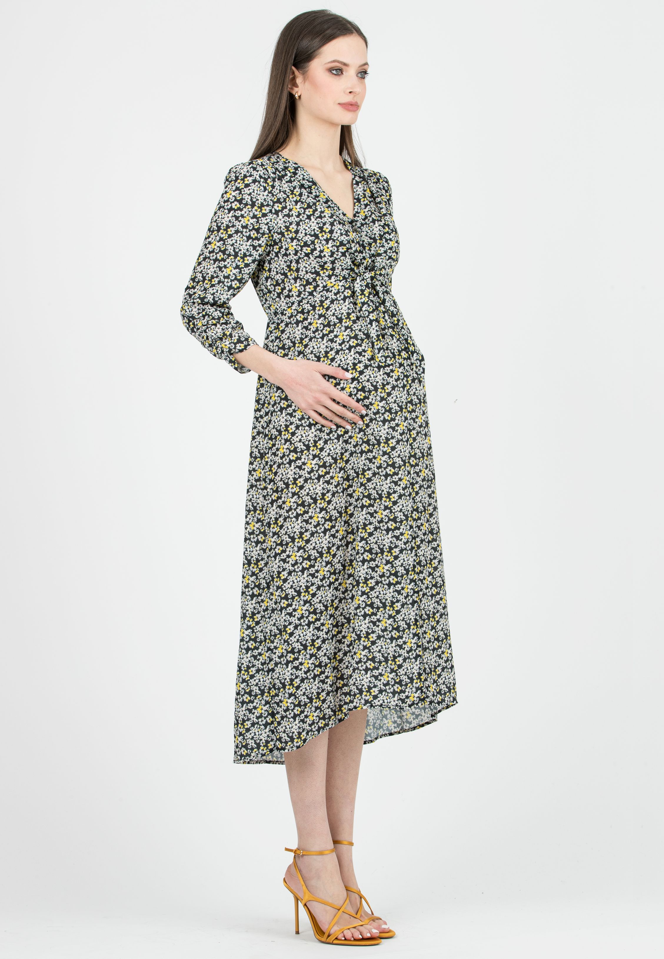 BELEN M/L - Printed Maternity & Nursing Dress with Knotted Bodice (Black, XS)
