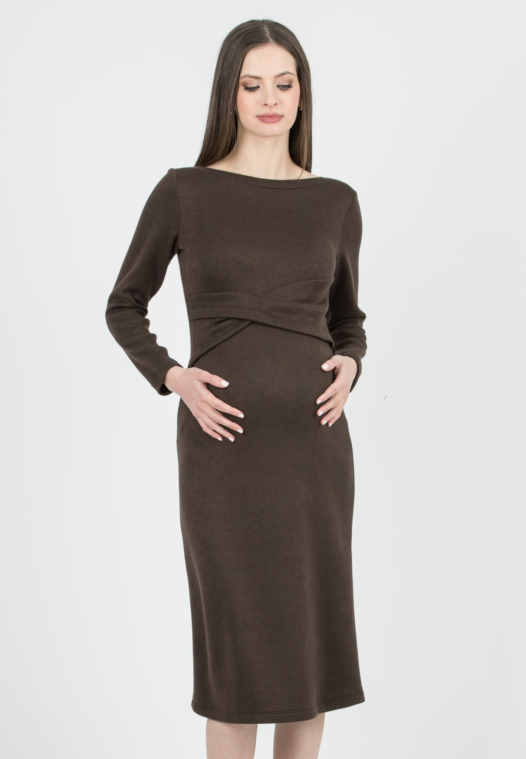 AMELIA - Abito Premaman Longuette in Maglia con Fascia in Vita (Marrone)