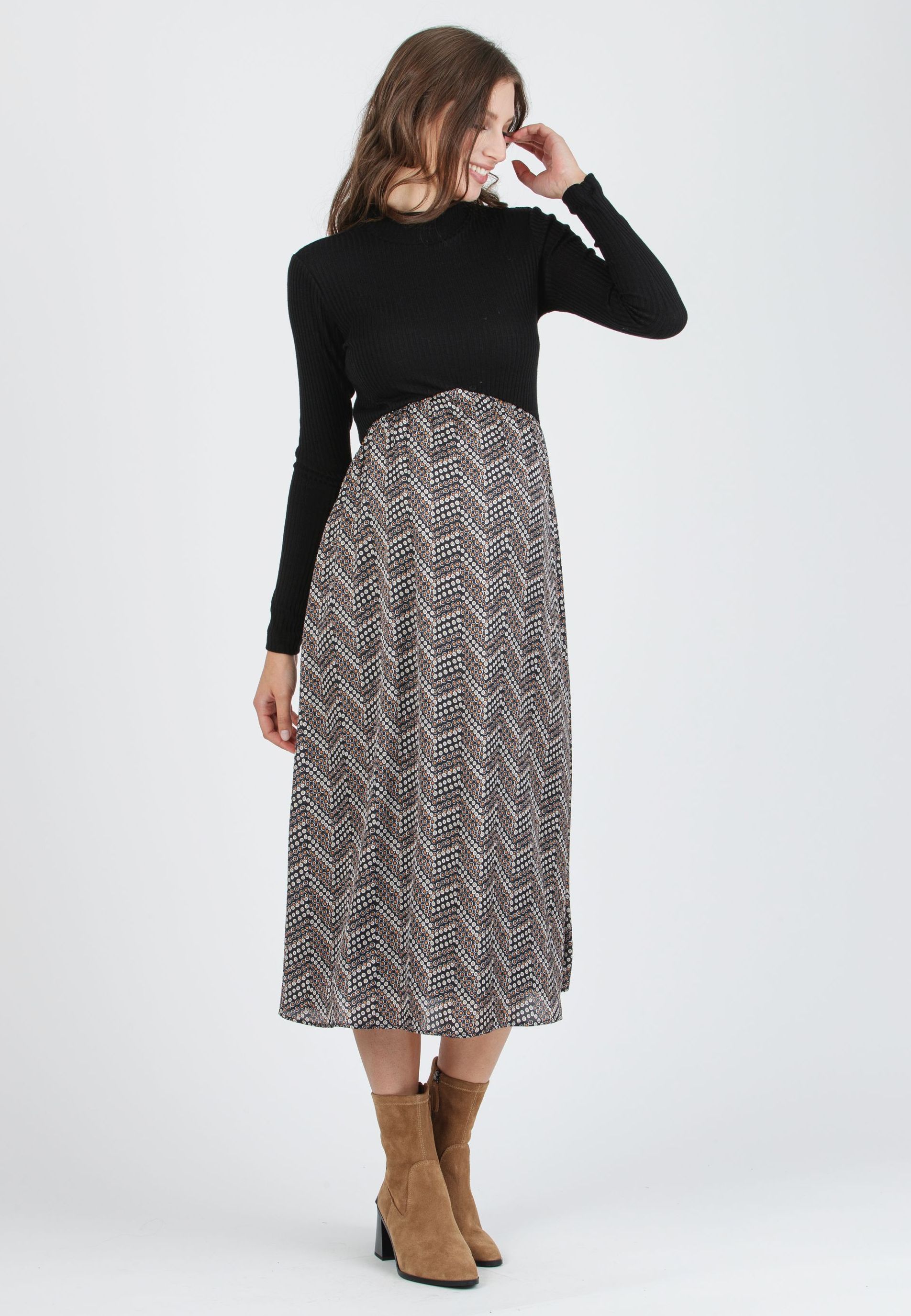 ANASTASIA MIDI - Midi Maternity Dress in Ribbed Knit and Printed Satin (Black, XS)