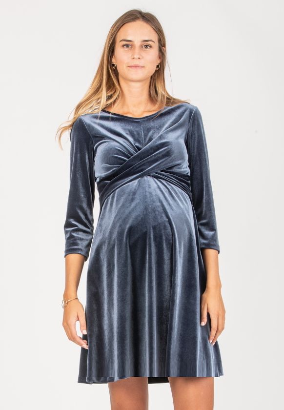 CAROLINE – Maternity Velvet Dress with Front Knot Detail (Denim)