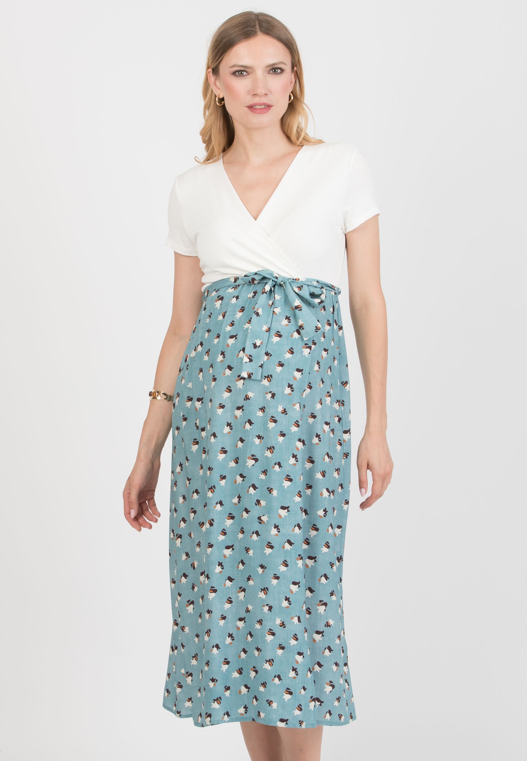 FEDERICA - Maternity Midi Dress with Crossed Neckline and Viscose Wrapped Skirt (Azzurro)