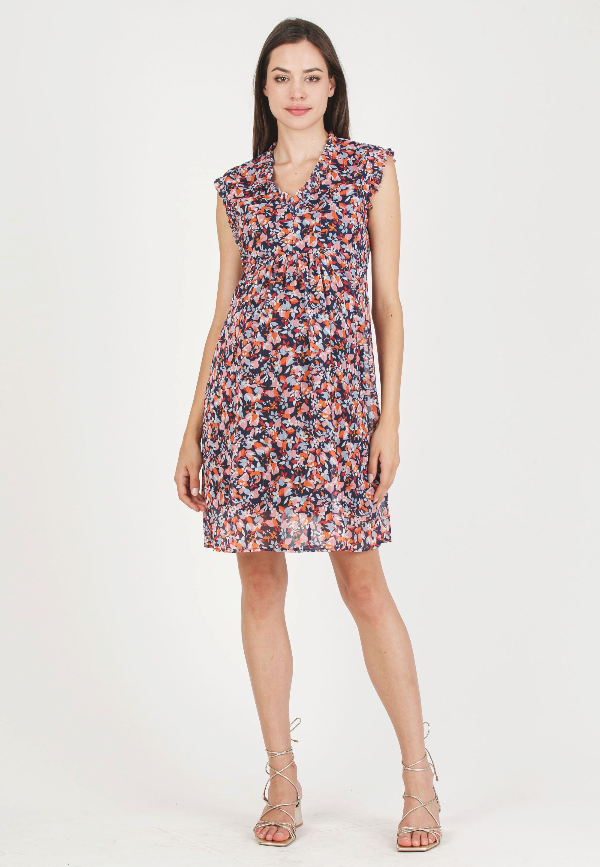 DIANA F - Abito Premaman & Allattamento con Ruches in Chiffon Stampato con Fili di Lurex (Blu, XS)