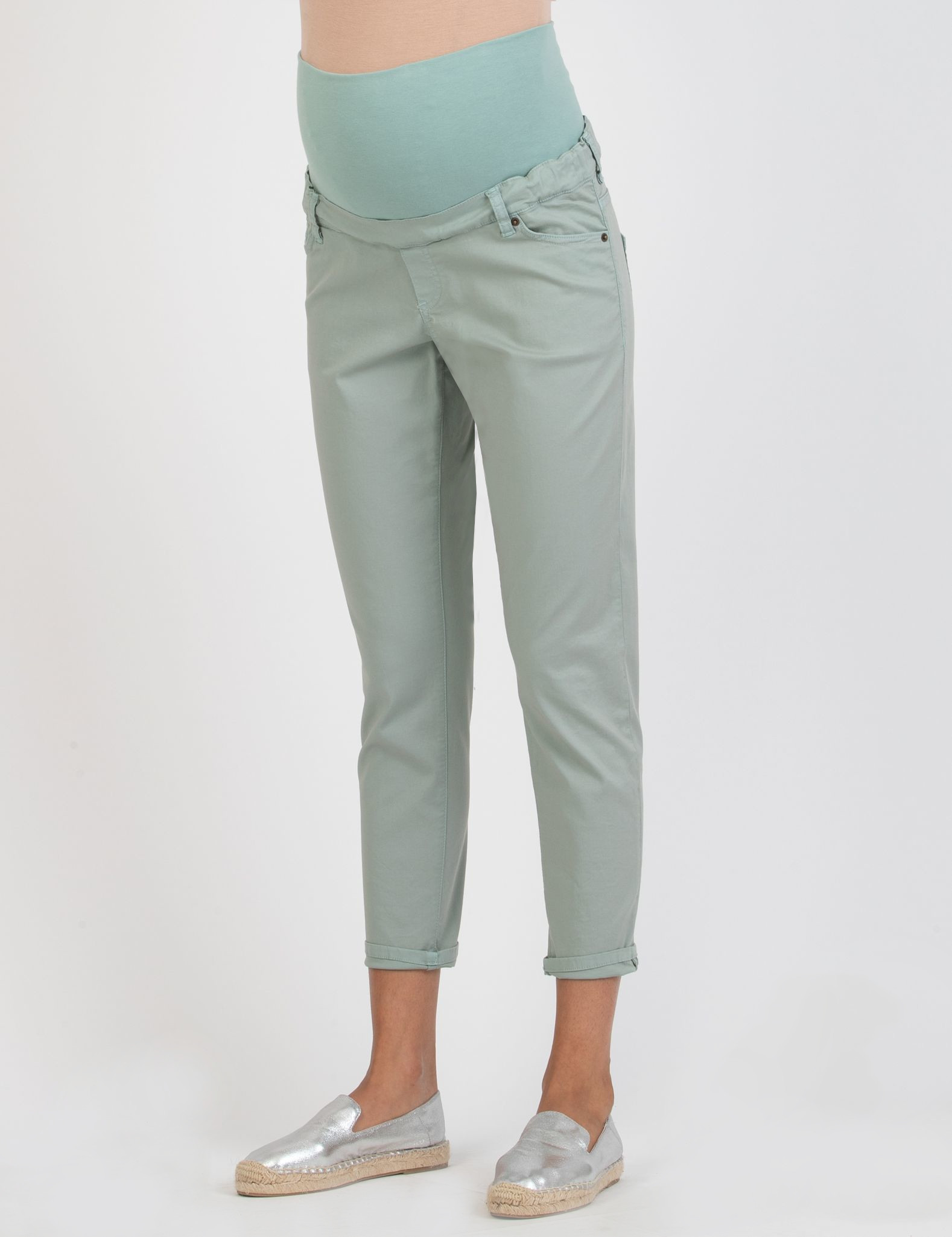 Pantalone Premaman Slim Cropped Mom Fit in Gabardina (Verde Salvia, XS)