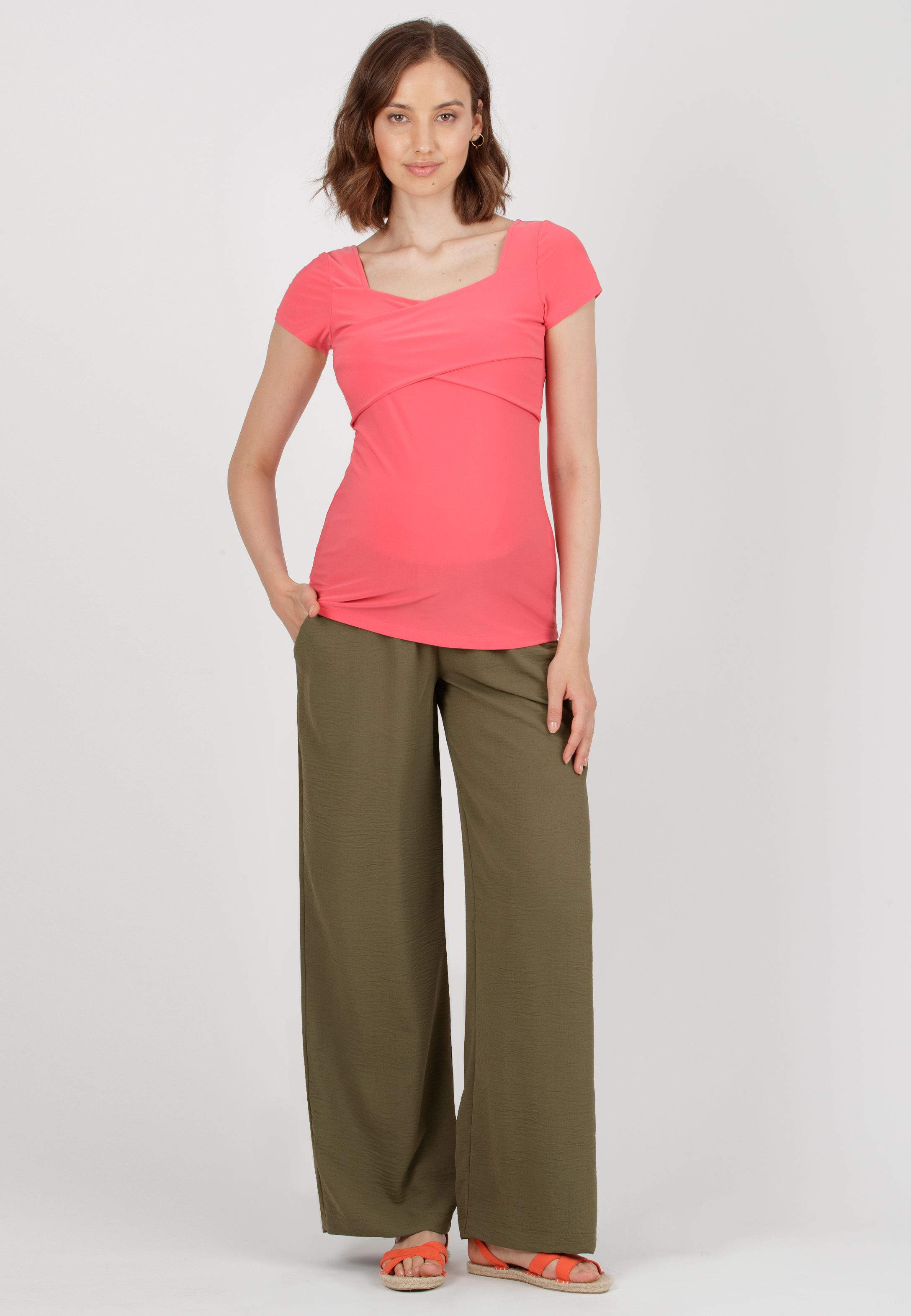 INES - Pantalone Premaman Fluido con Vita Bassa (Verde Militare)