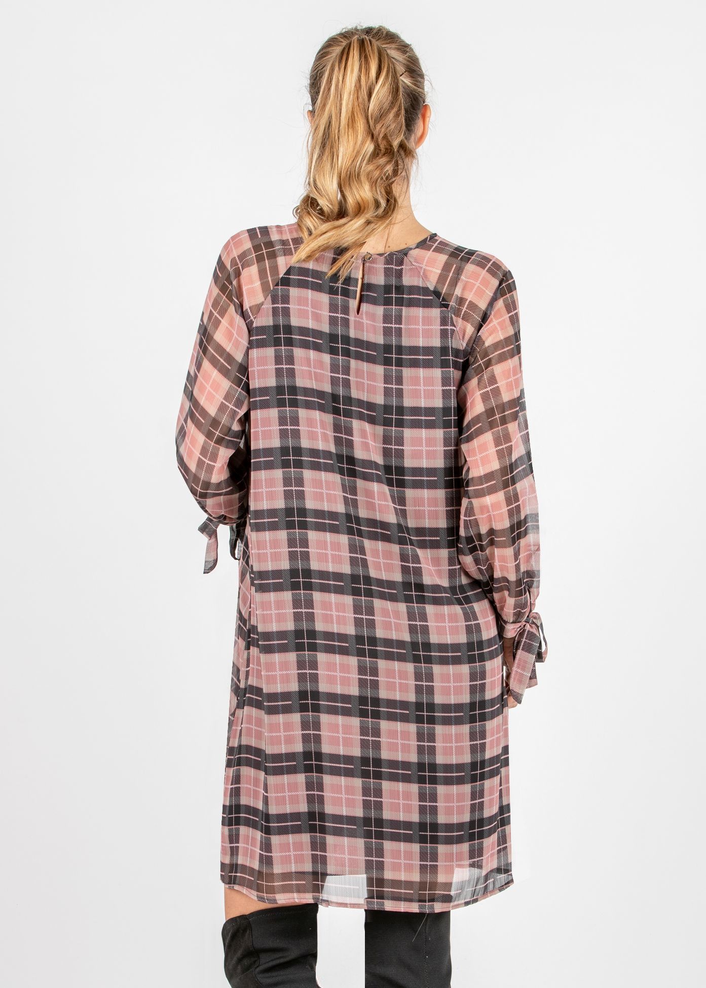 Pink Checked Printed Maternity Dress in Georgette with Raglan Sleeve and Ribbons on Cuffs (Powder, XS)