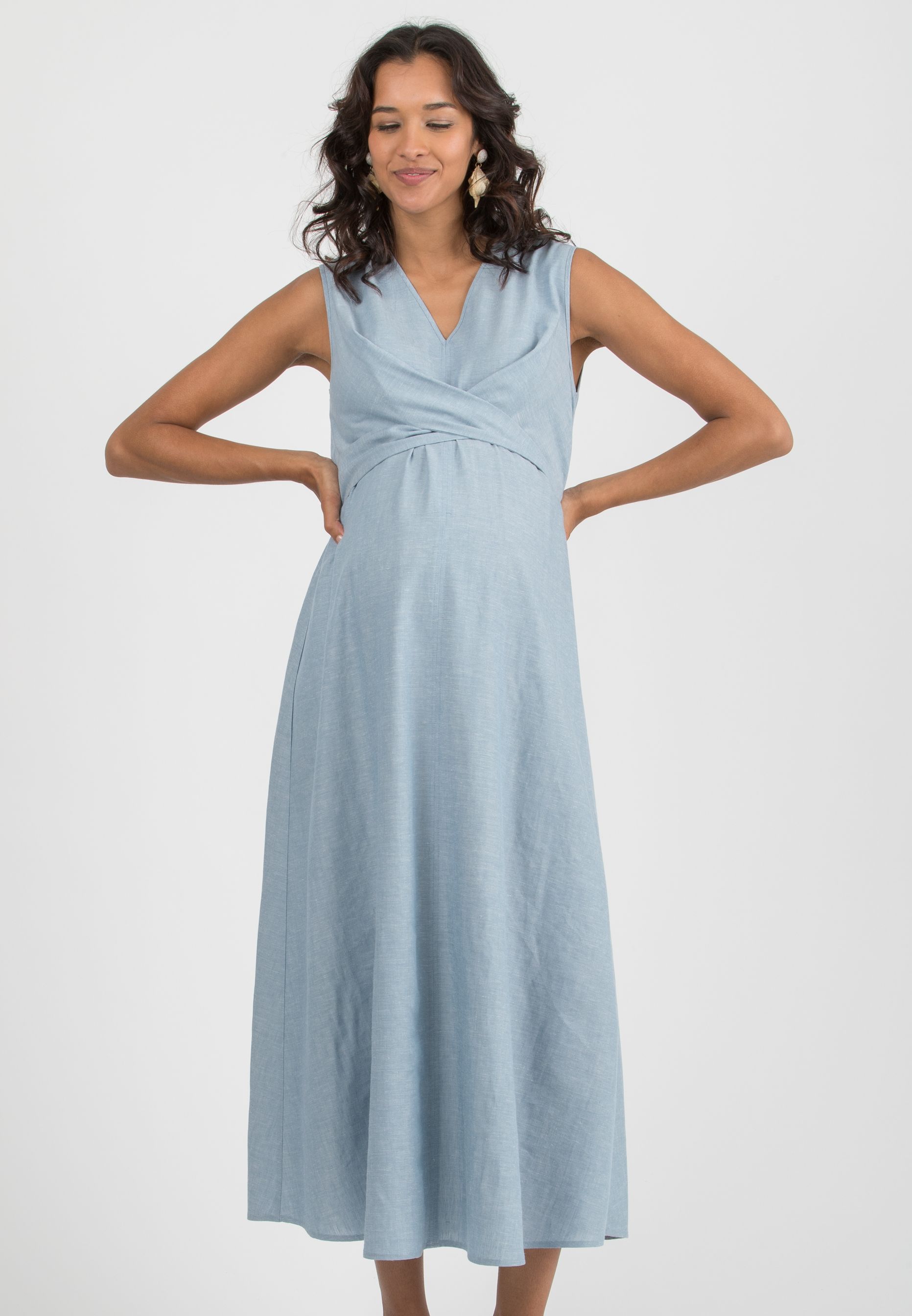 ANNALISA - Abito Premaman & Allattamento in Lino con Fusciacche incrociate (Azzurro)