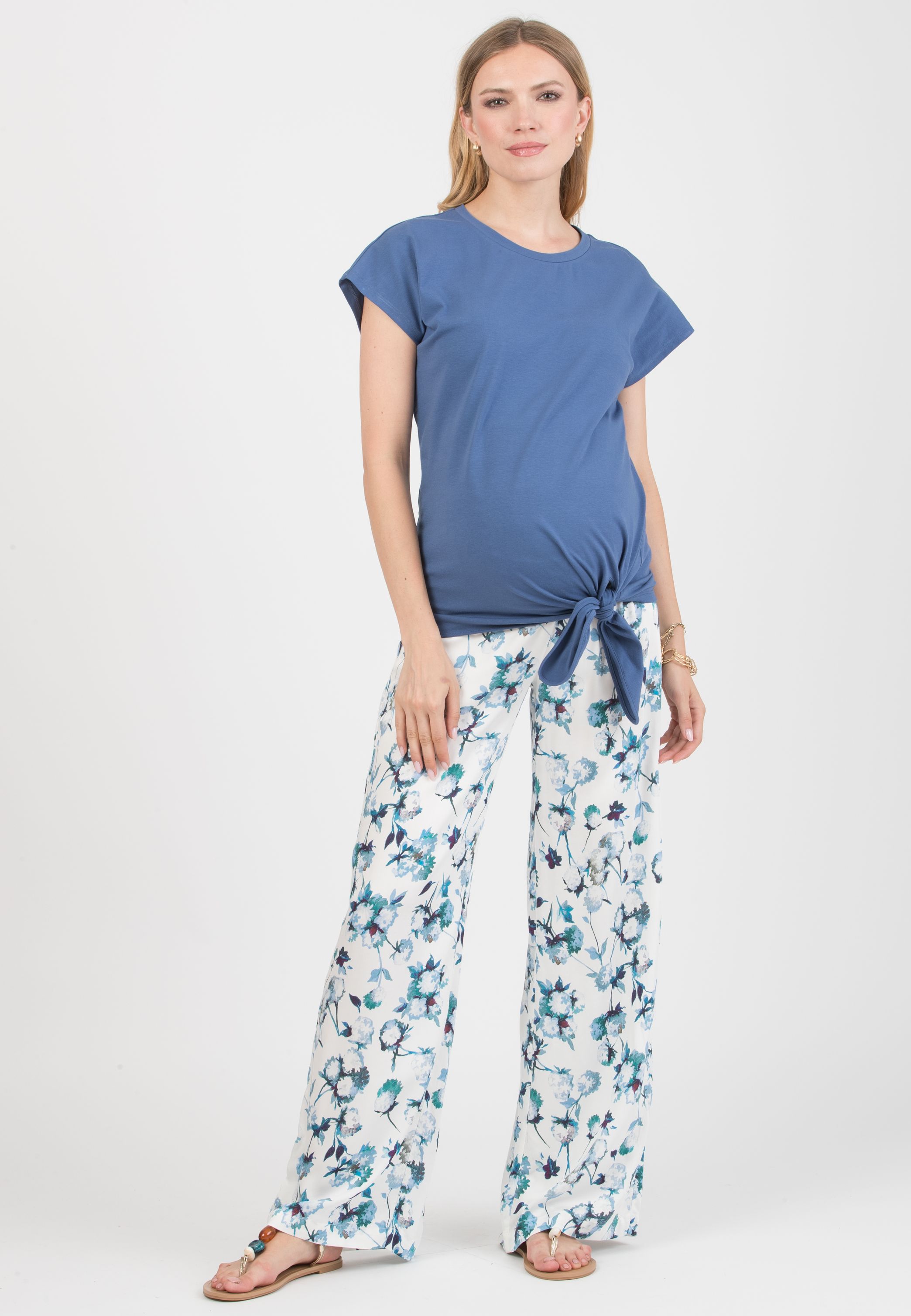 GUENDALINA LG - Maternity Palazzo Trousers in Printed Viscose Satin (Blu)