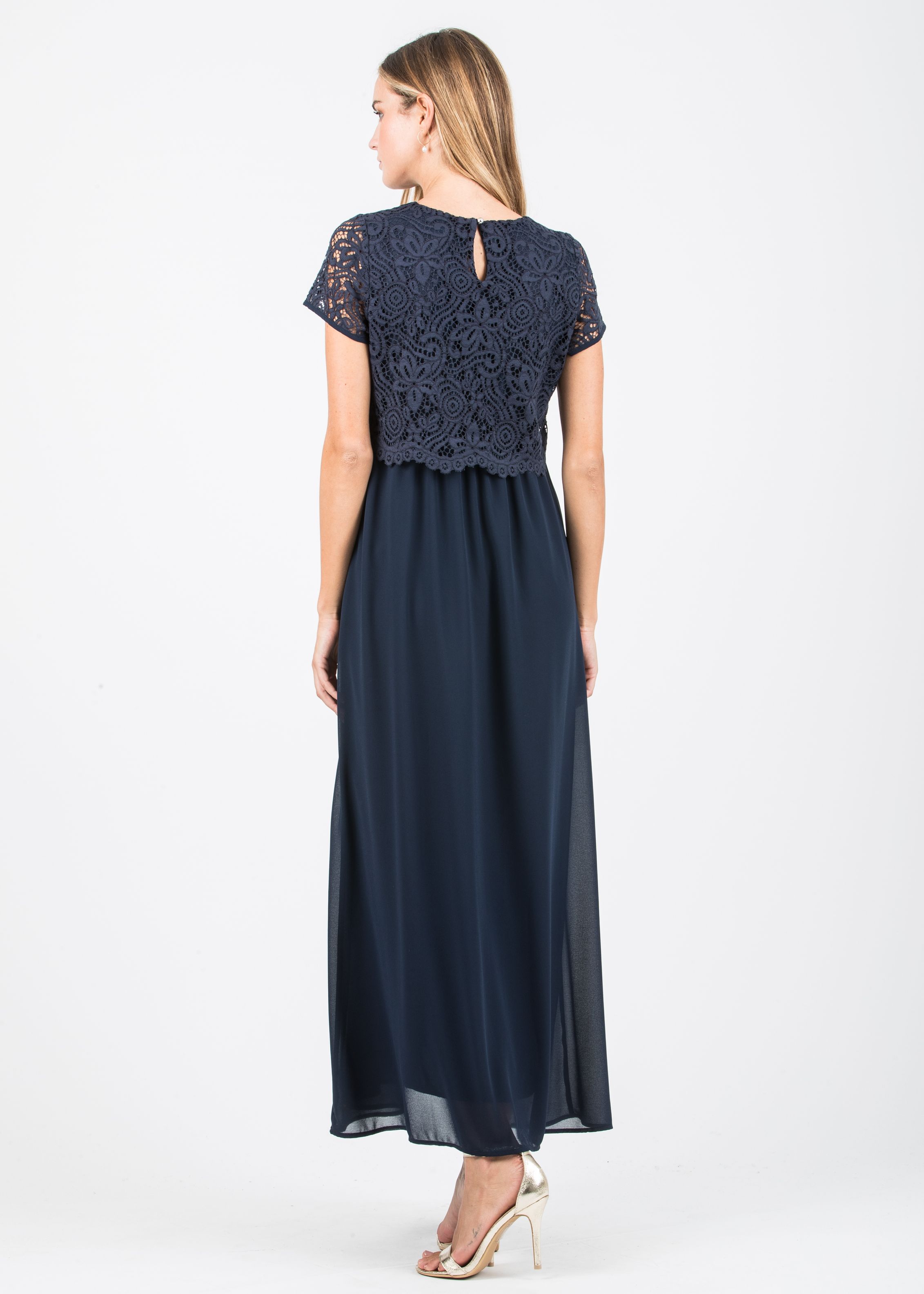 AURORA MAXI - Embroidered Long Maternity & Nursing Dress in Lace (Blue, XS)