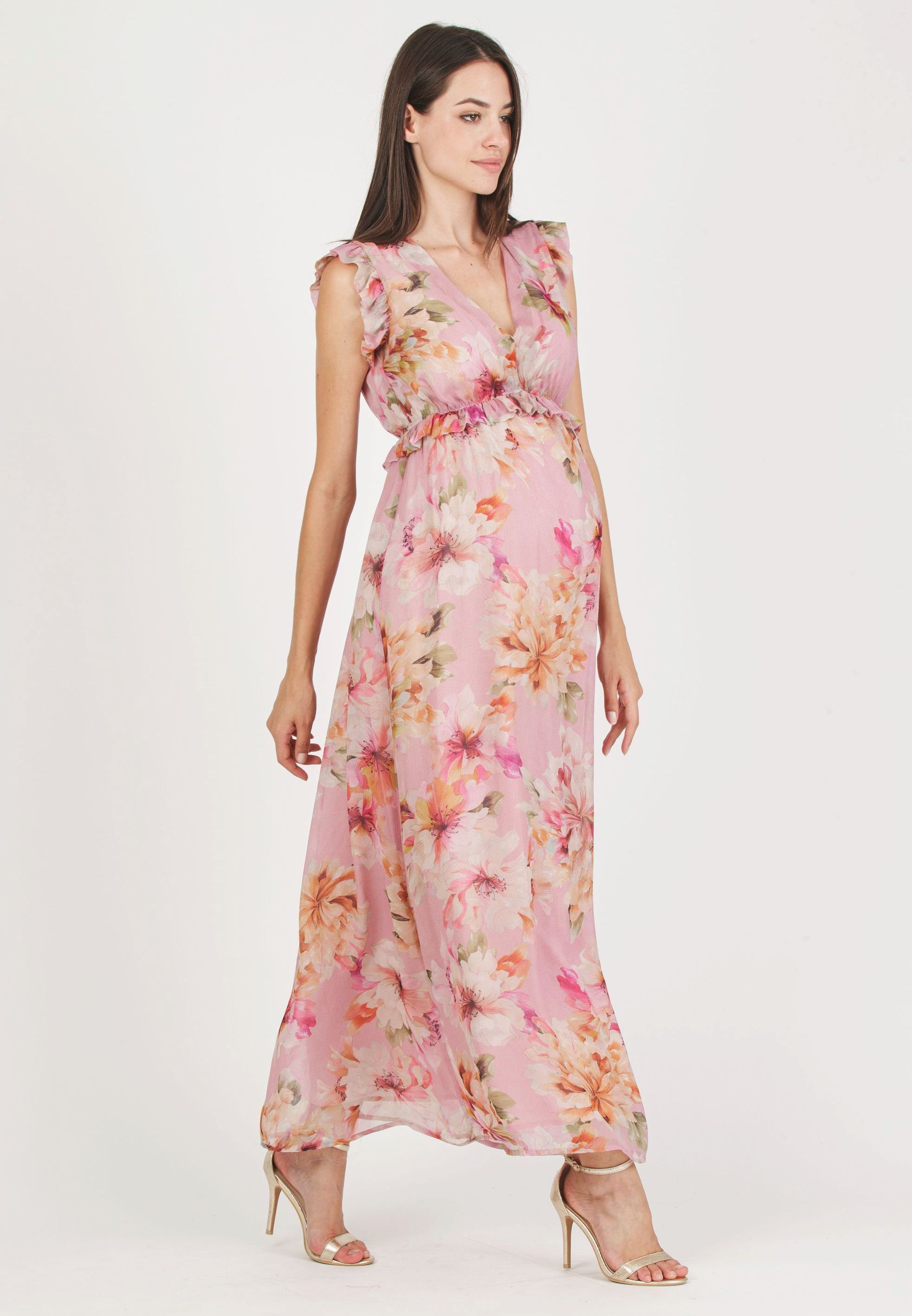 GEORGINA F MAXI - Abito Lungo Premaman in Fantasia Floreale con Volant (Rosa, XS)