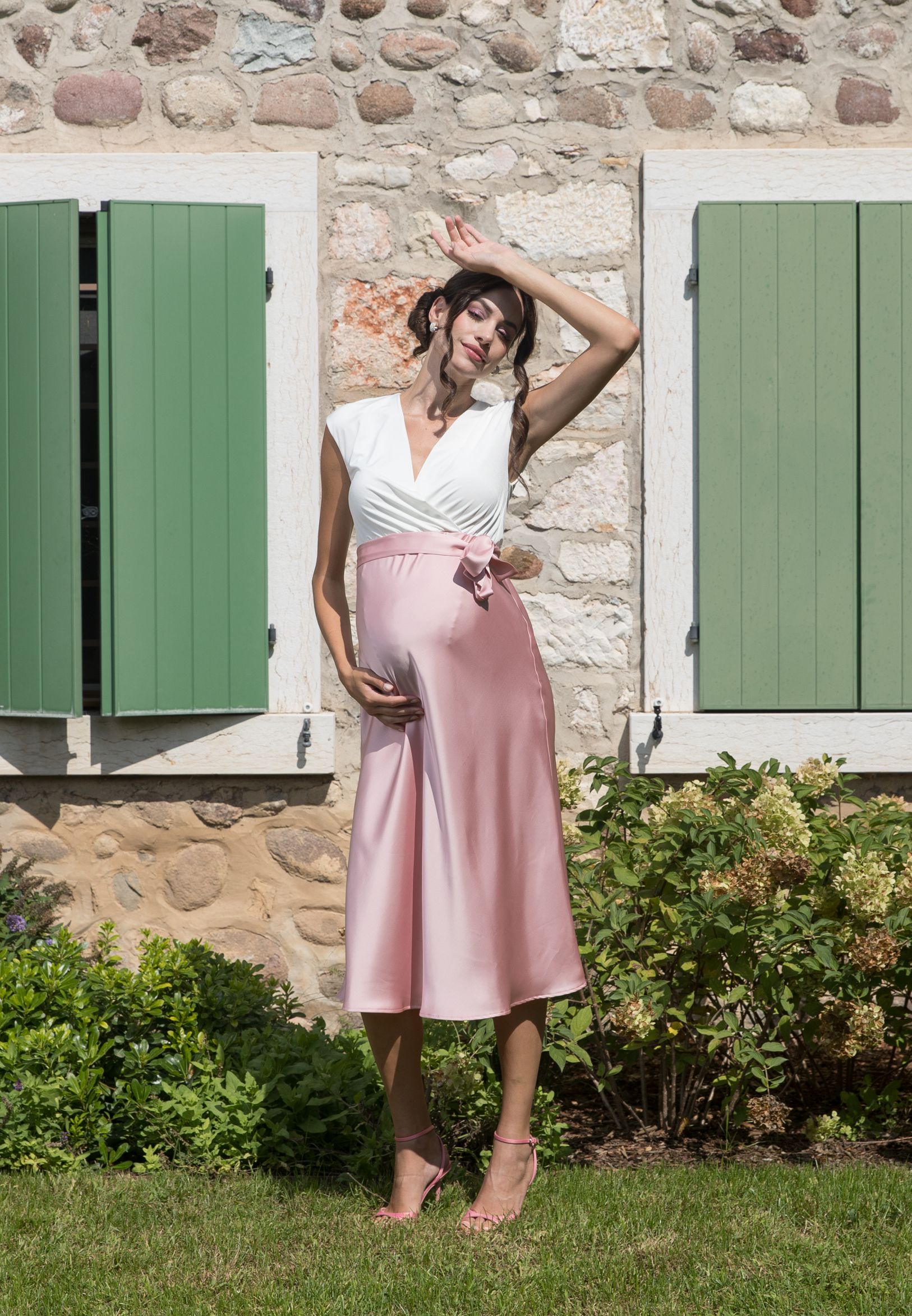 DILETTA – Maternity & Nursing Dress with Crossover Bodice and Satin Skirt (Cipria)