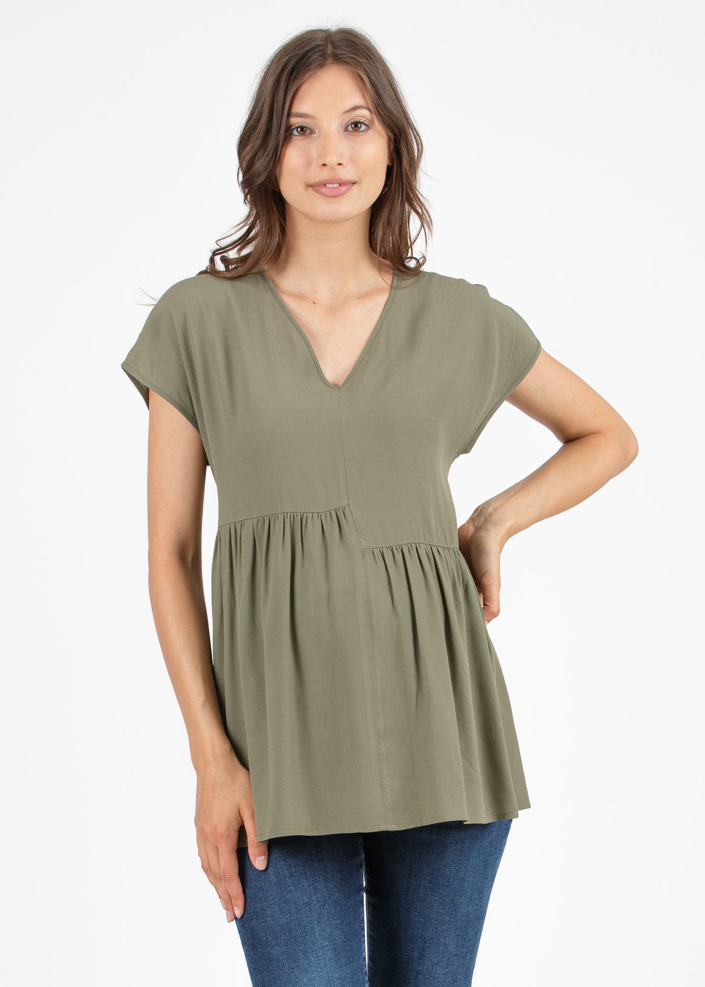 Maternity Blouse in Viscose Cady with Asymmetric Gatherings (Army Green, XS)