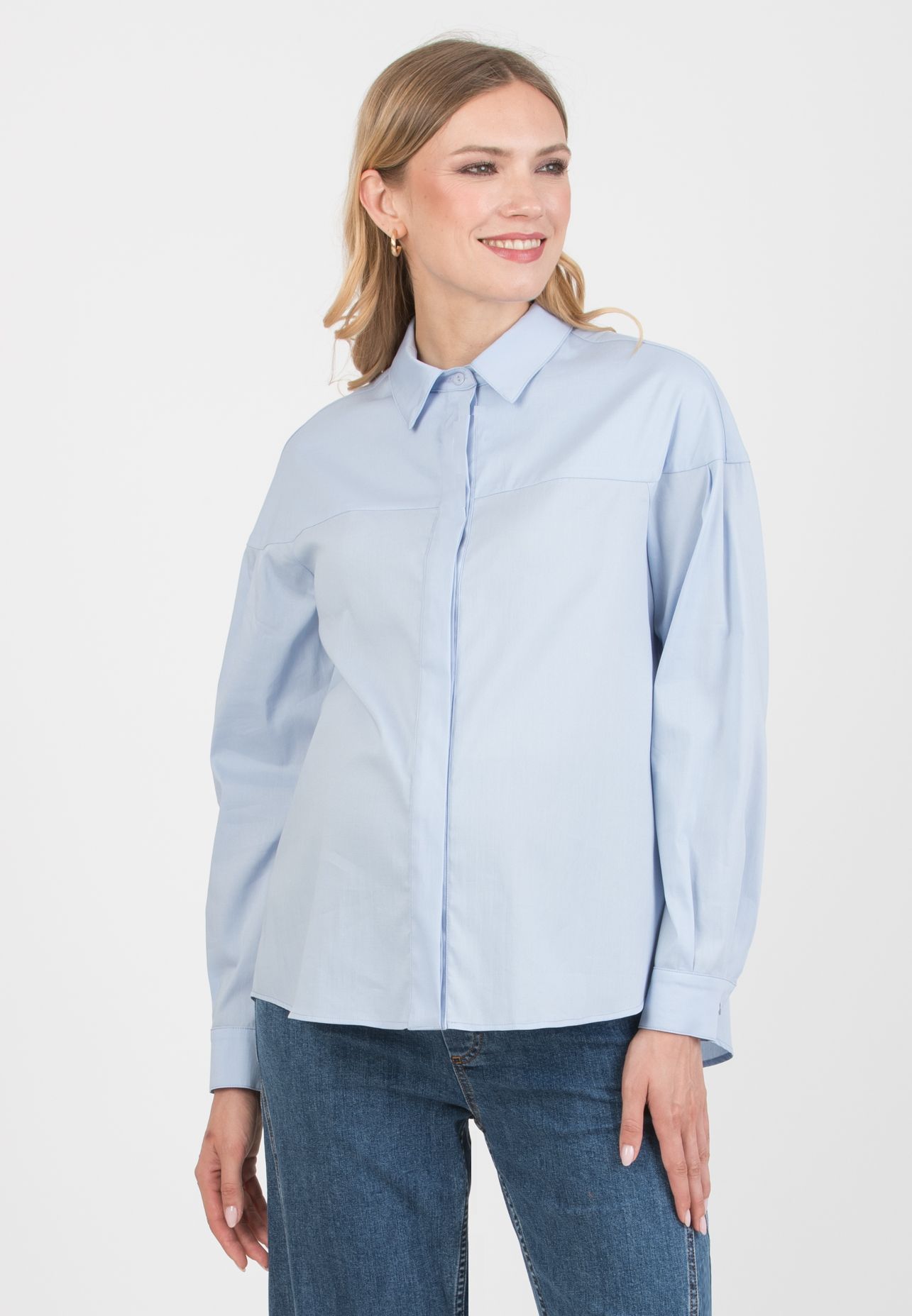 CAROLINA – Camicia Premaman & Allattamento in Cotone Elasticizzato con Carrè e Polsini (Azzurro)