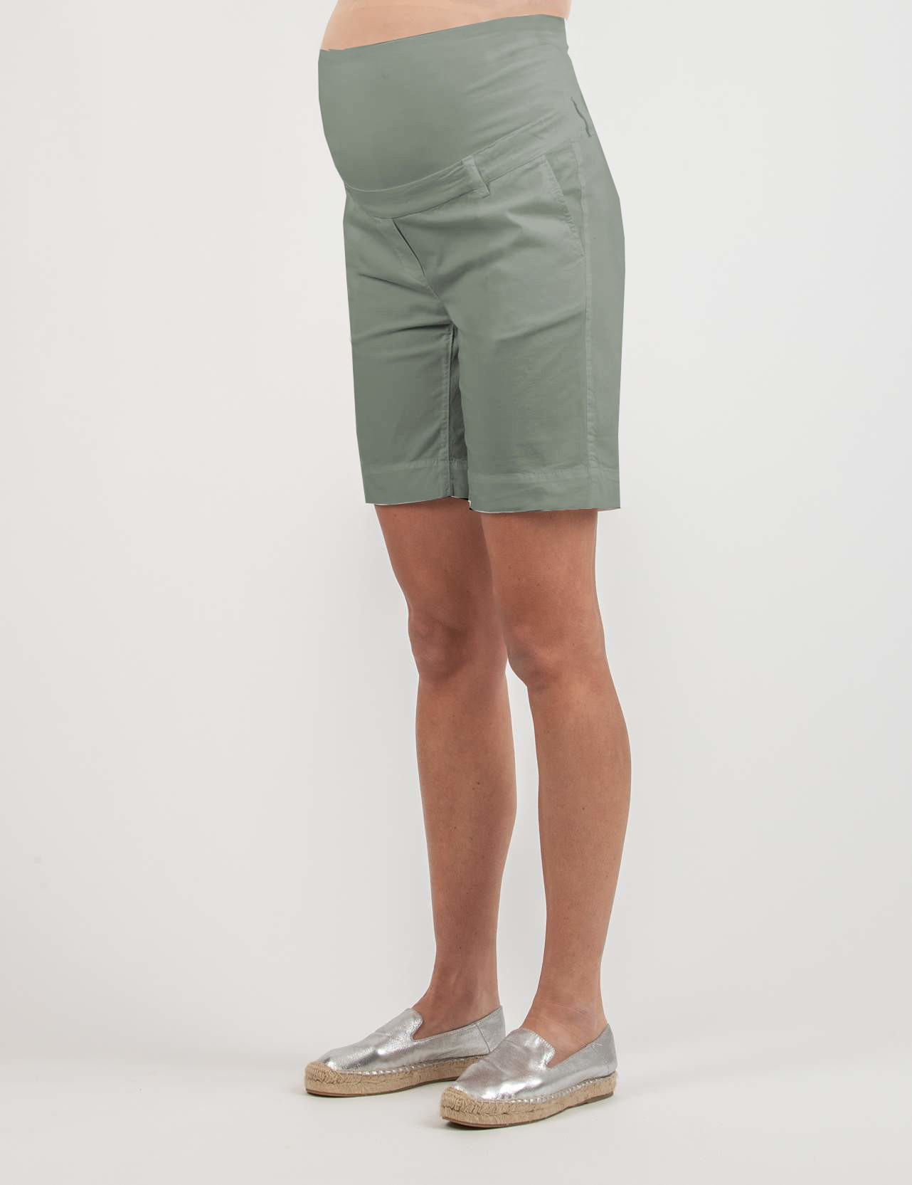 Pantaloni Corti Premaman in Cotone Stretch (Verde Salvia, XS)