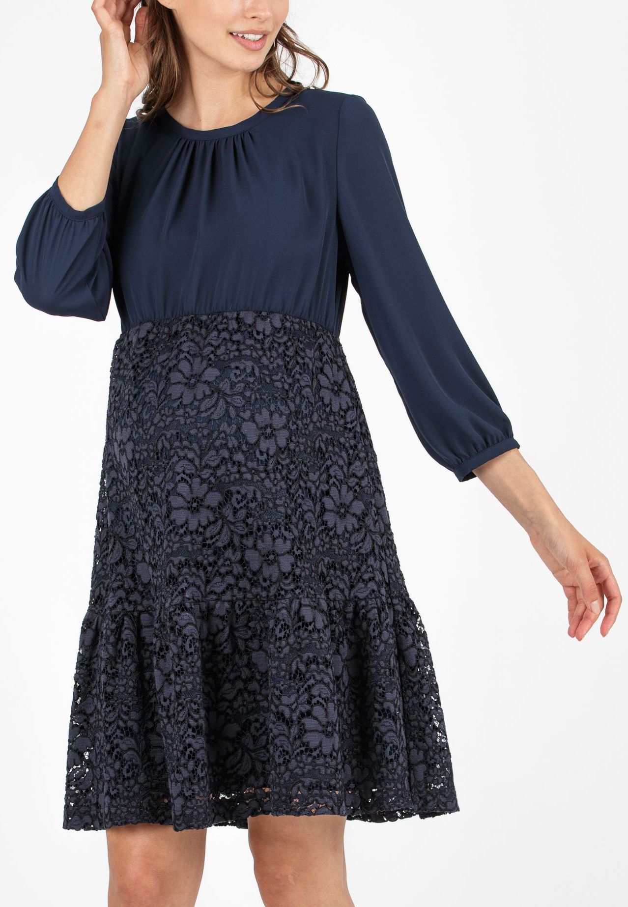 Abito Premaman Svasato in Chiffon e Pizzo con Balza (Blu Scuro, XS)