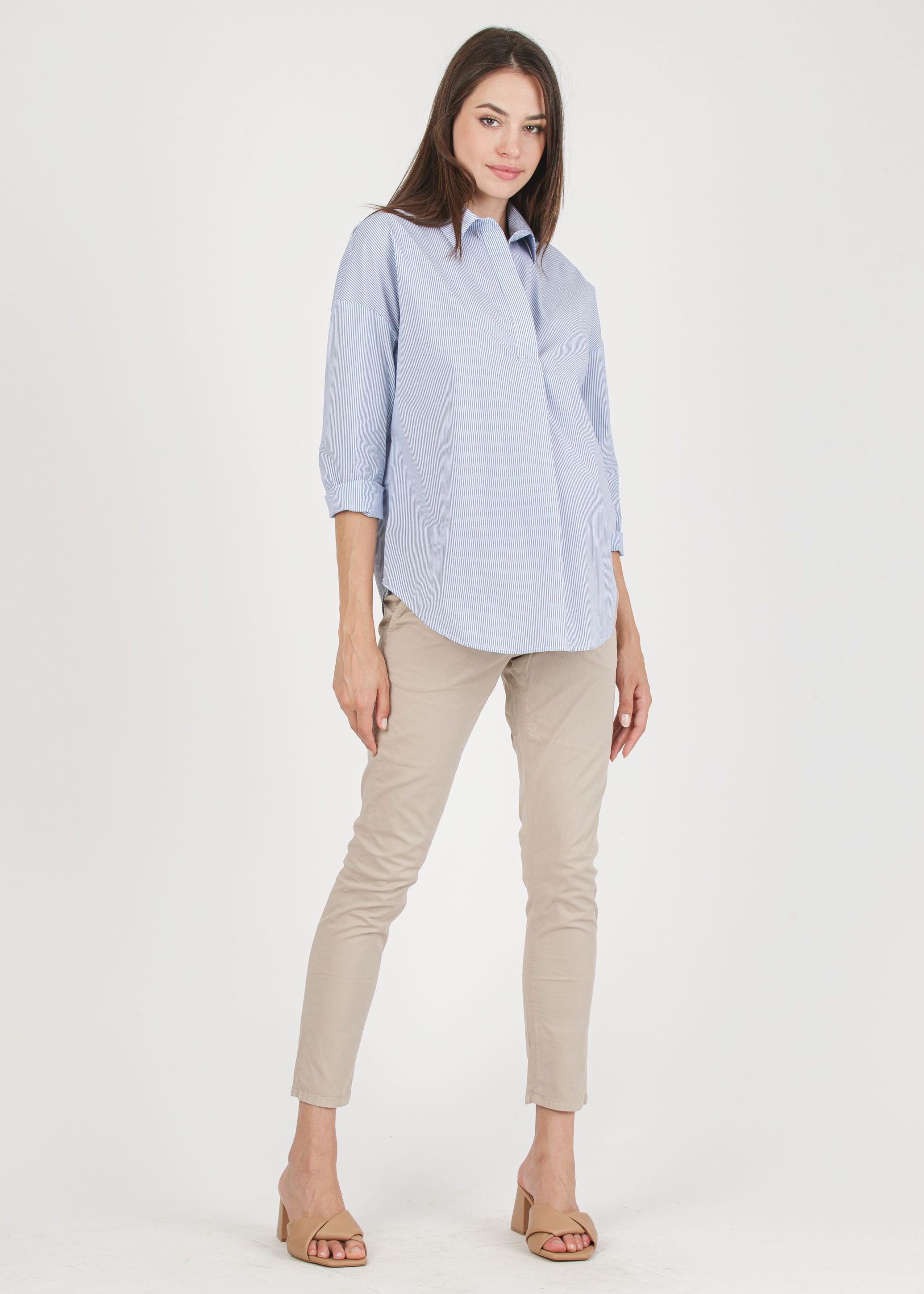 OLIVIA R - Striped Oversized Maternity Shirt in Stretch Cotton Poplin (Blue, XS)