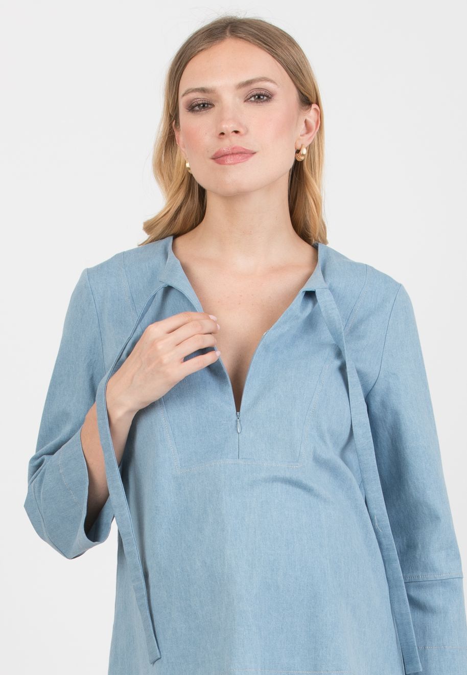 DAISY - Casacca Premaman & Allattamento in Jeans Leggero Stretch con Fiocco (Azzurro)
