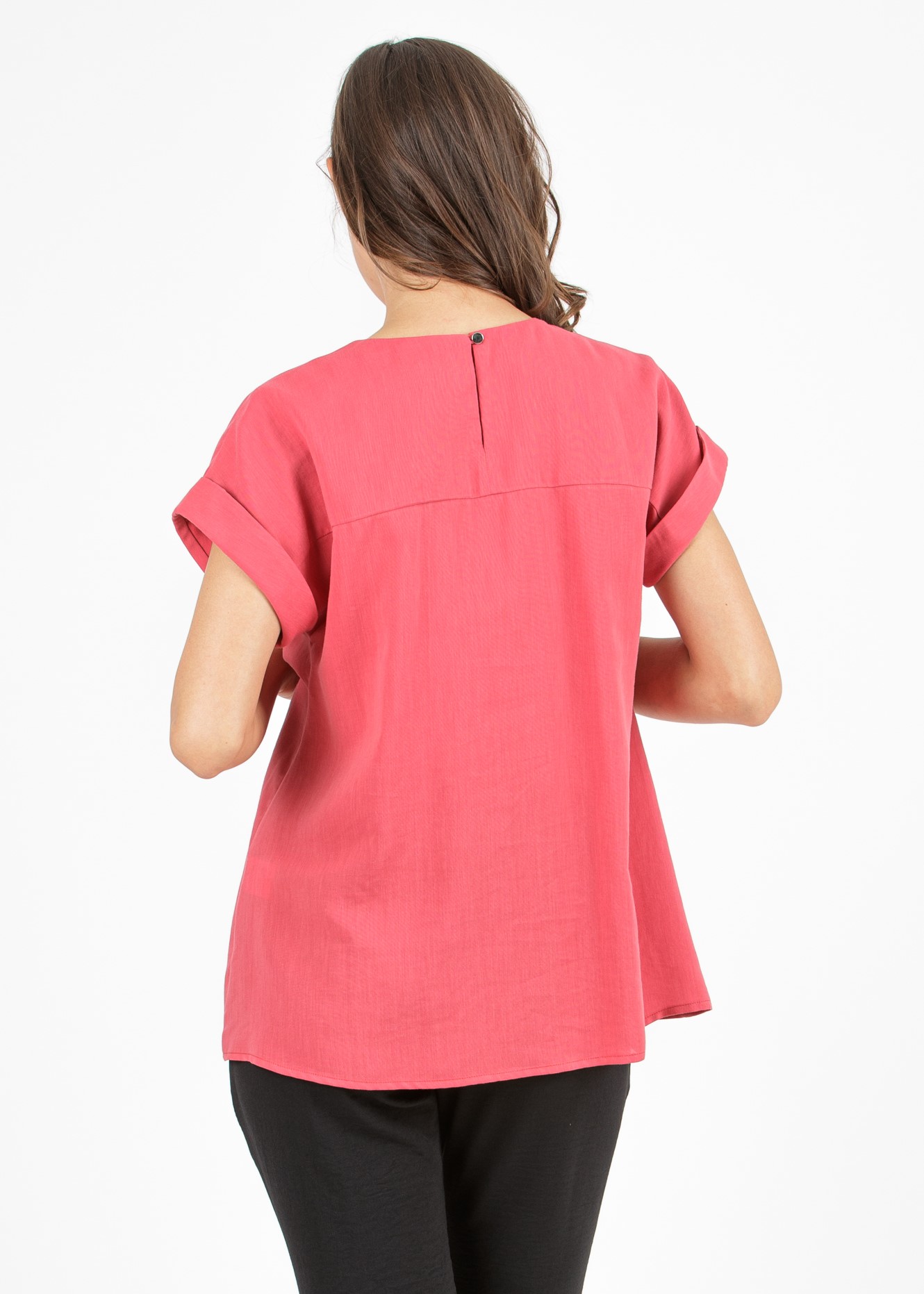 Camicetta Premaman in Tencel con Girocollo Arricciato e Manica con Risvolto (Rosso India, XS)