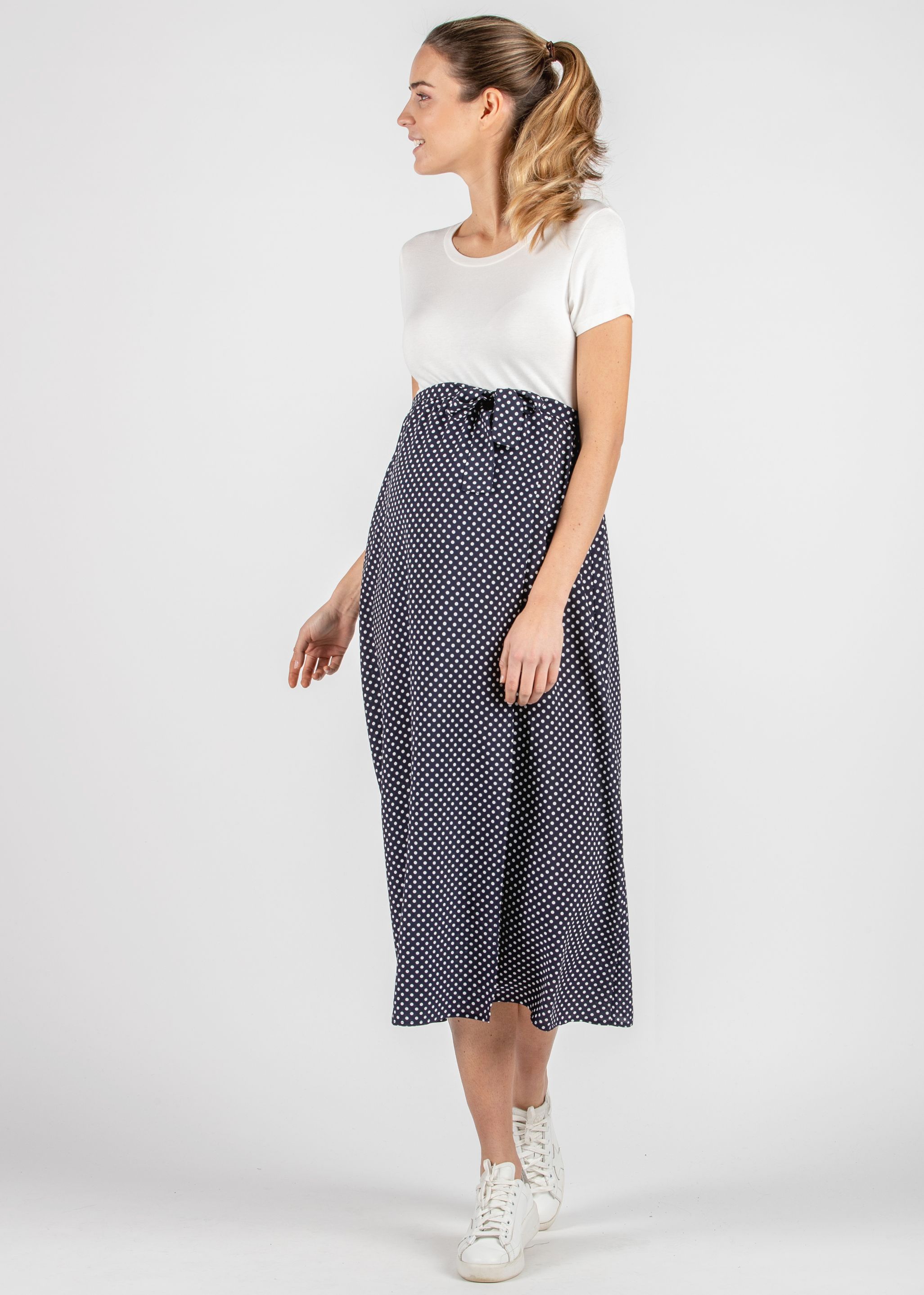 Abito Midi Premaman con Gonna a Pois a Portafoglio (Blu)